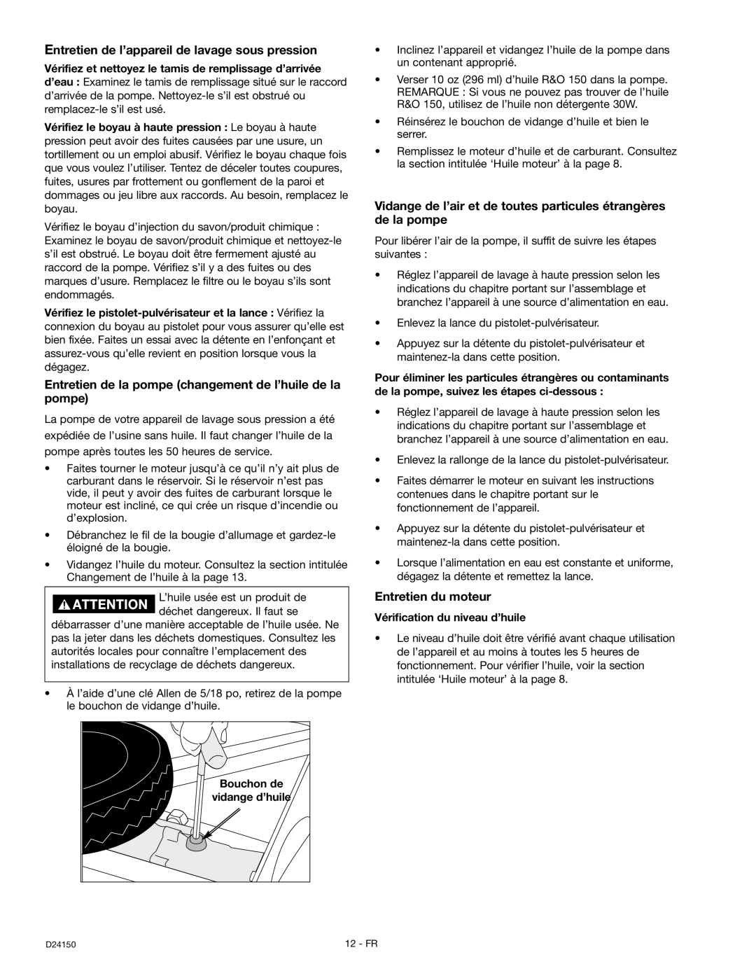 Craftsman 919.670281, D2415 owner manual Entretien de l’appareil de lavage sous pression, Entretien du moteur 