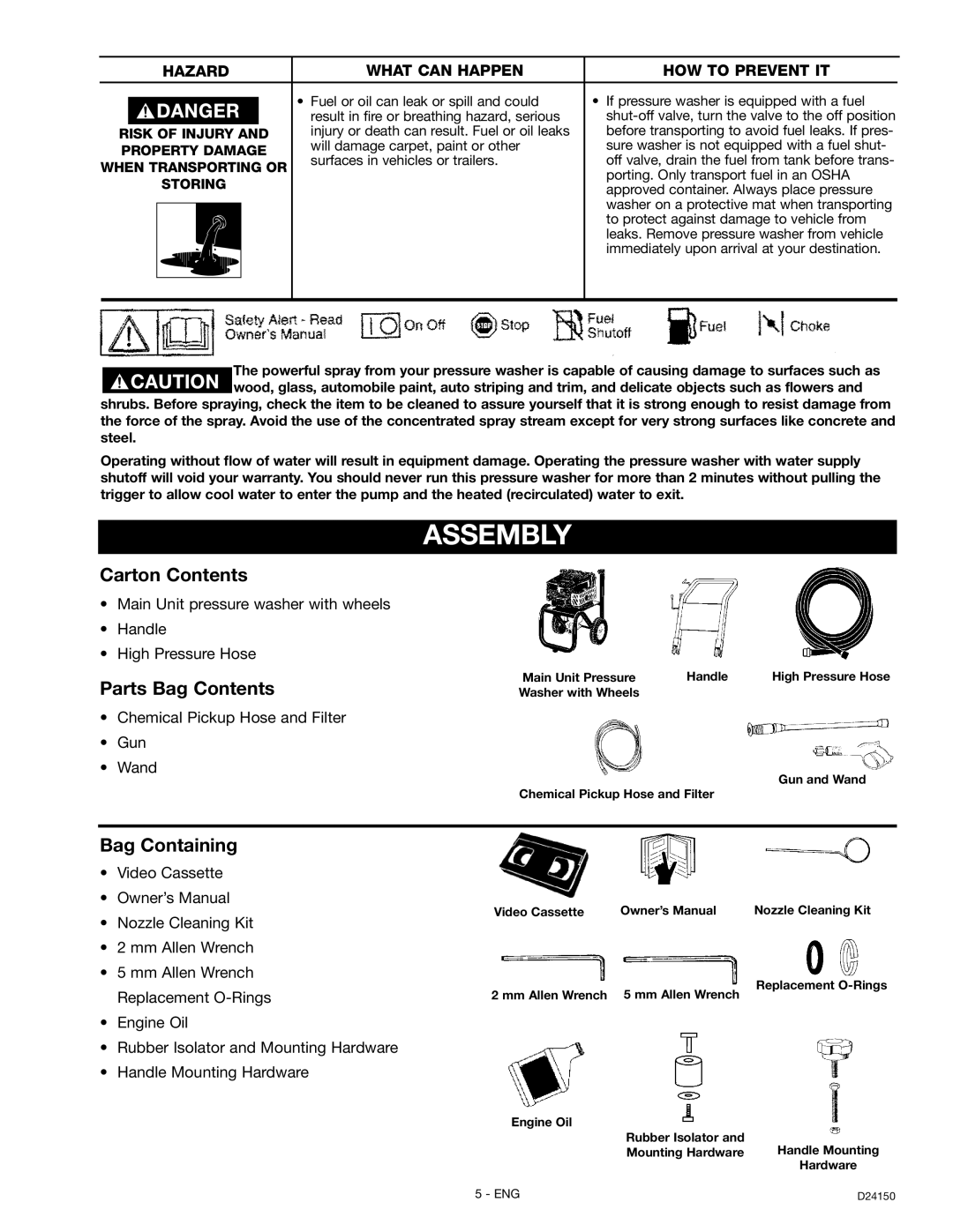 Craftsman D2415, 919.670281 owner manual Assembly, Parts Bag Contents 