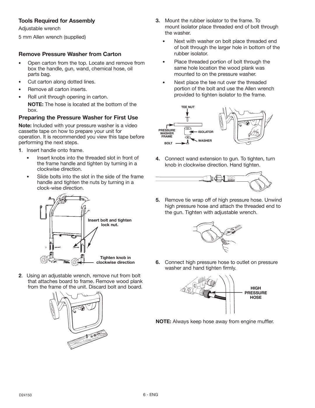 Craftsman 919.670281, D2415 owner manual Tools Required for Assembly, Remove Pressure Washer from Carton 