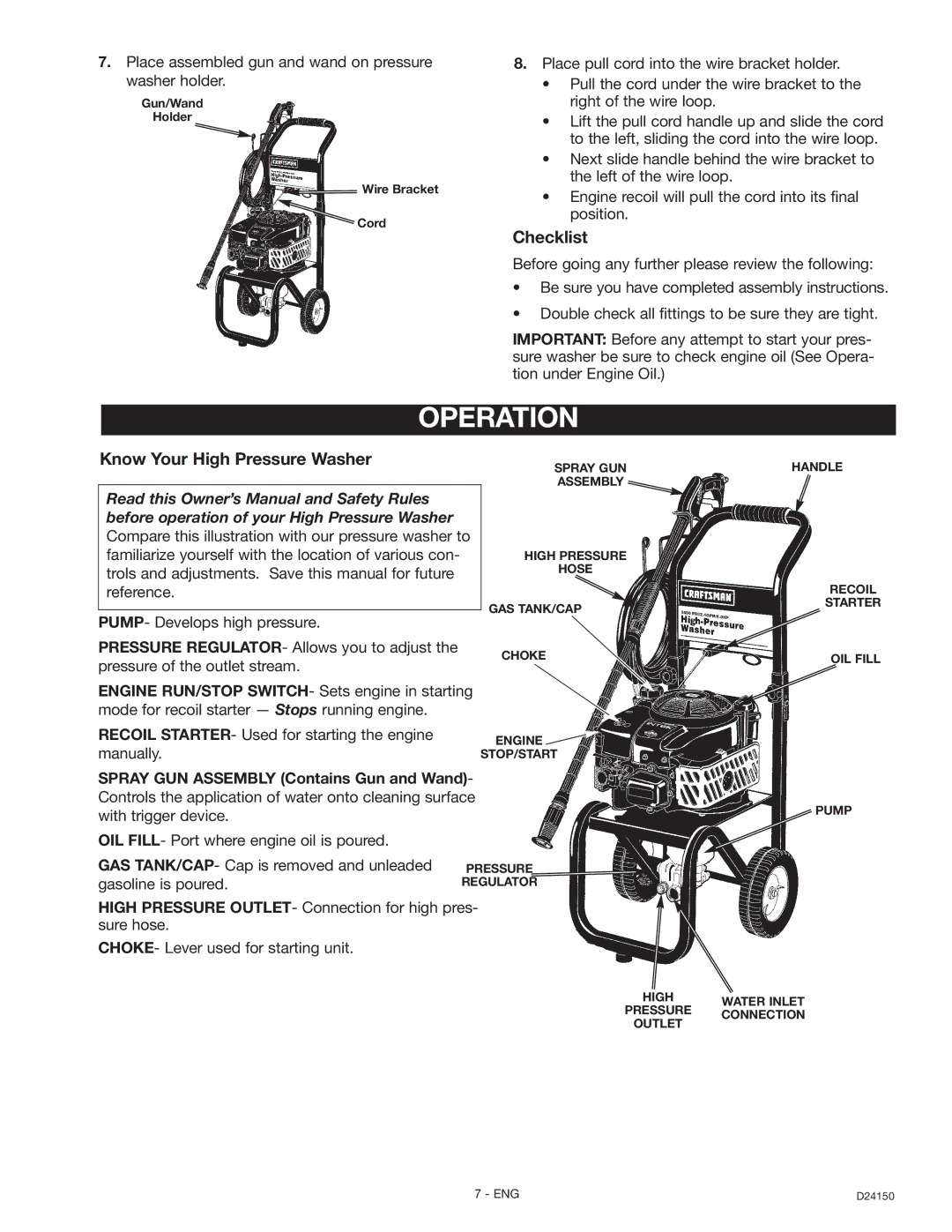 Craftsman D2415 Operation, Checklist, Know Your High Pressure Washer, Recoil STARTER- Used for starting the engine 