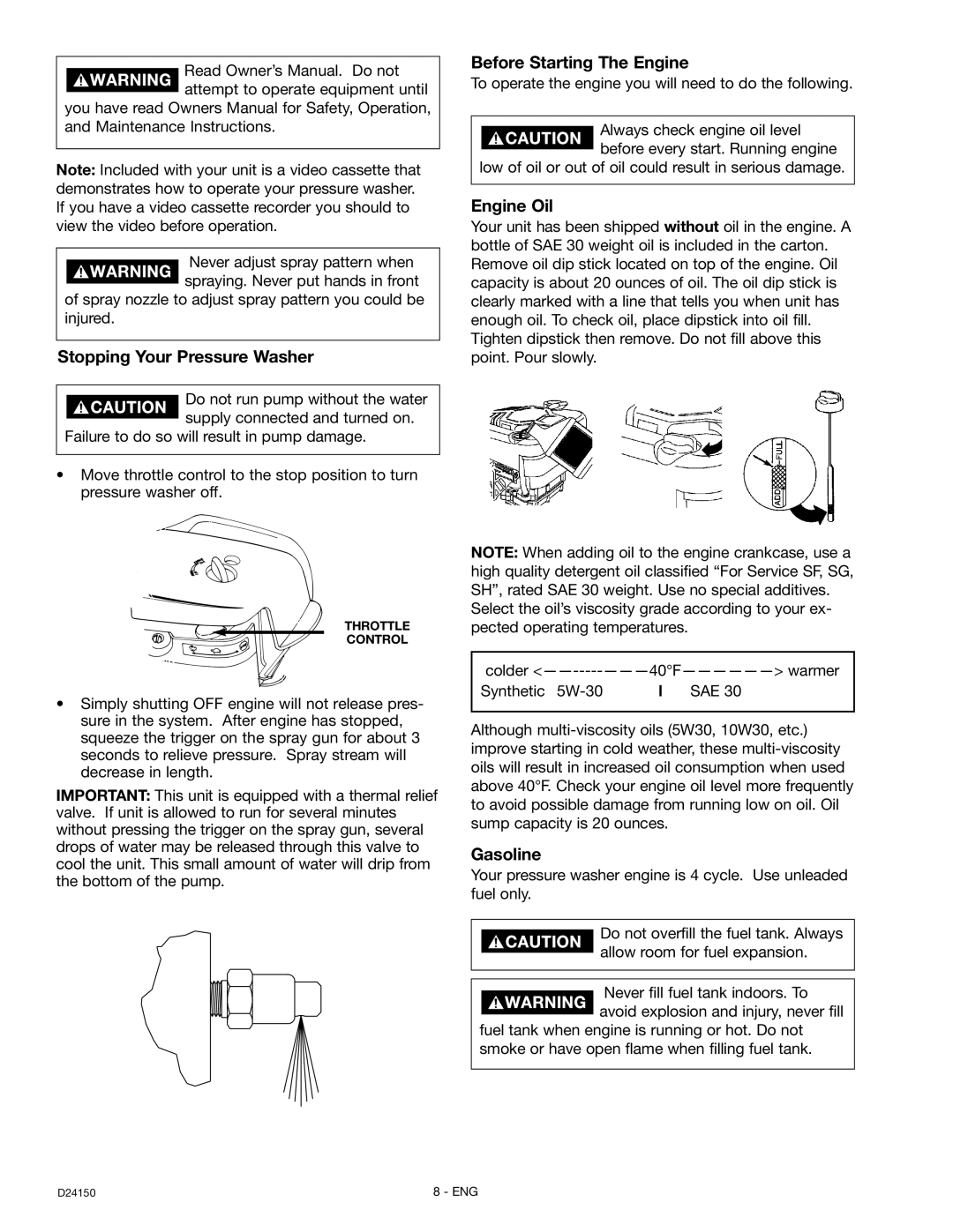 Craftsman 919.670281, D2415 owner manual Stopping Your Pressure Washer, Before Starting The Engine, Engine Oil, Gasoline 