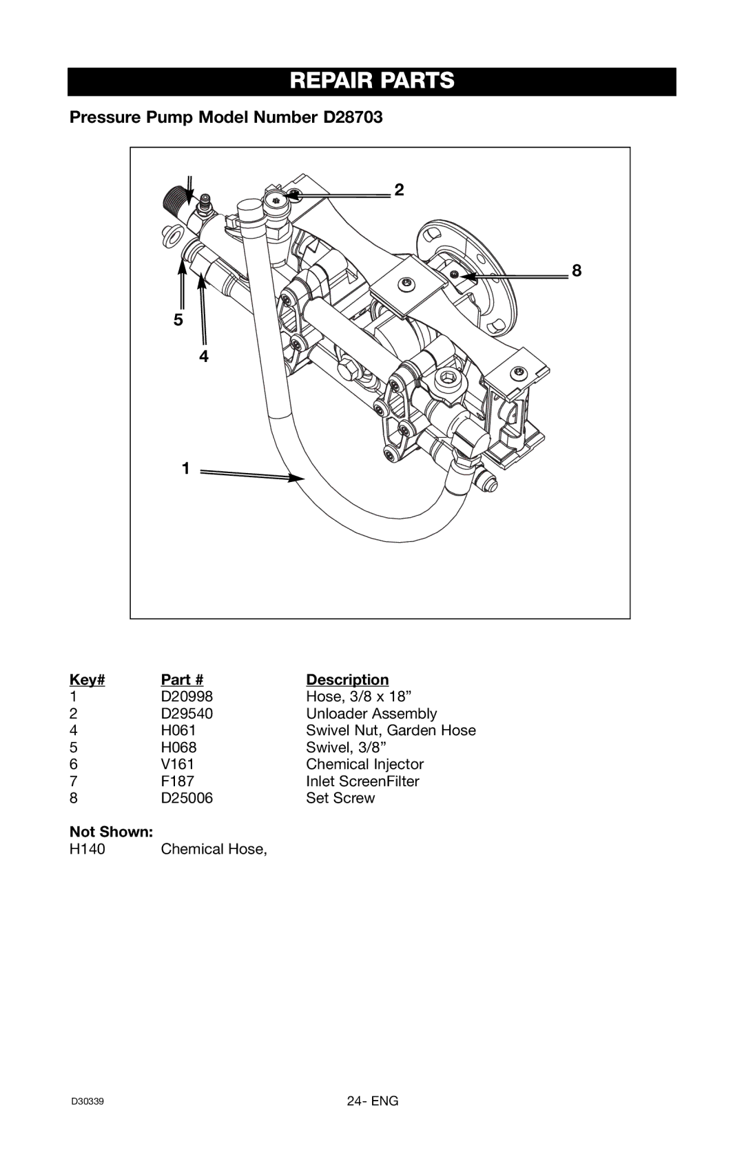 Craftsman 919.672180, D30339 owner manual Pressure Pump Model Number D28703 