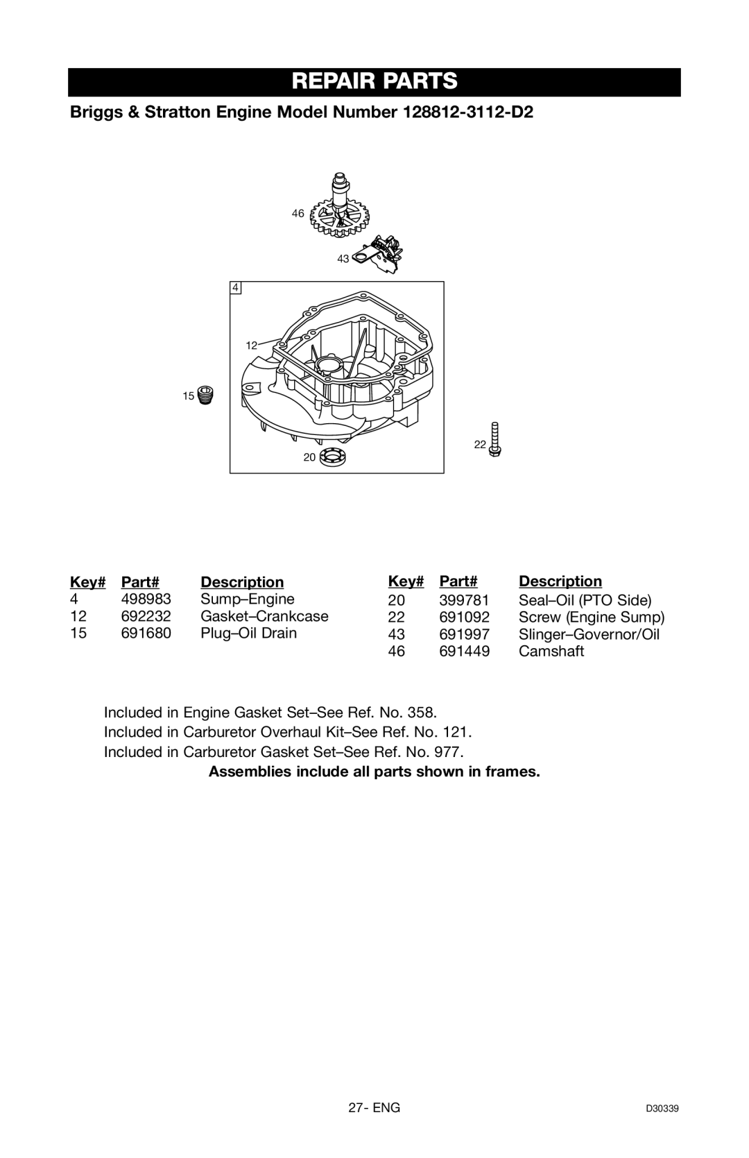 Craftsman D30339, 919.672180 owner manual Screw Engine Sump 