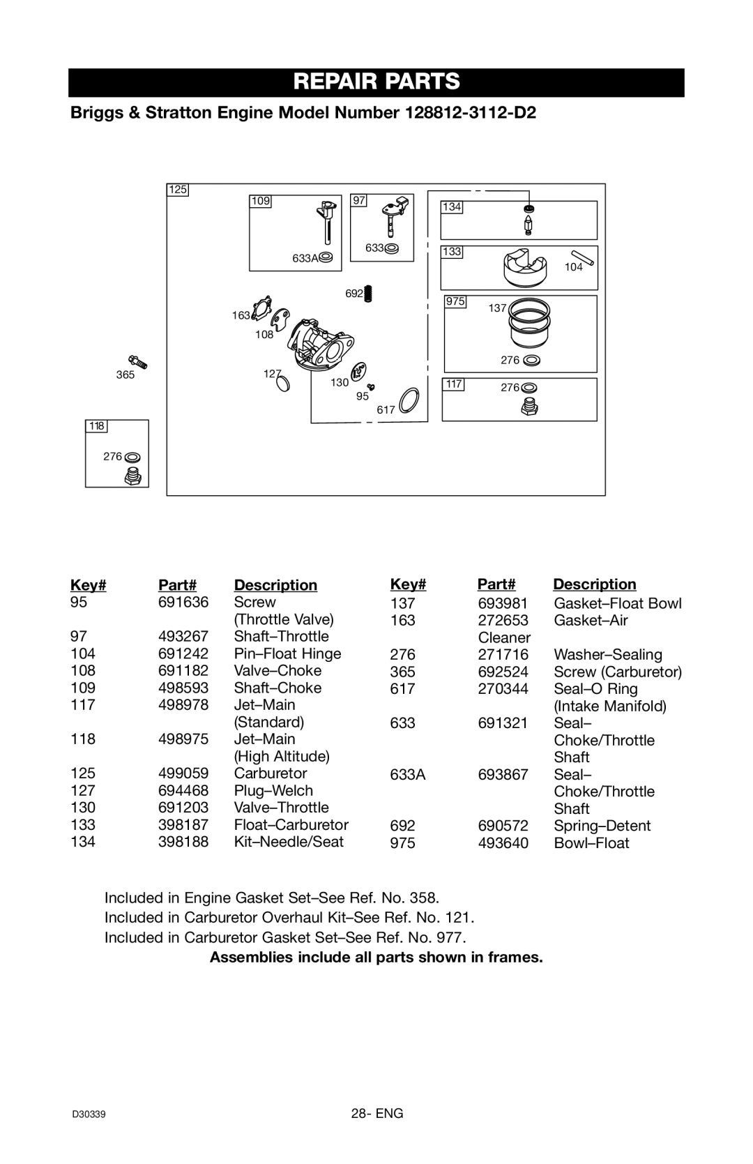 Craftsman 919.672180, D30339 owner manual Screw 137 693981 