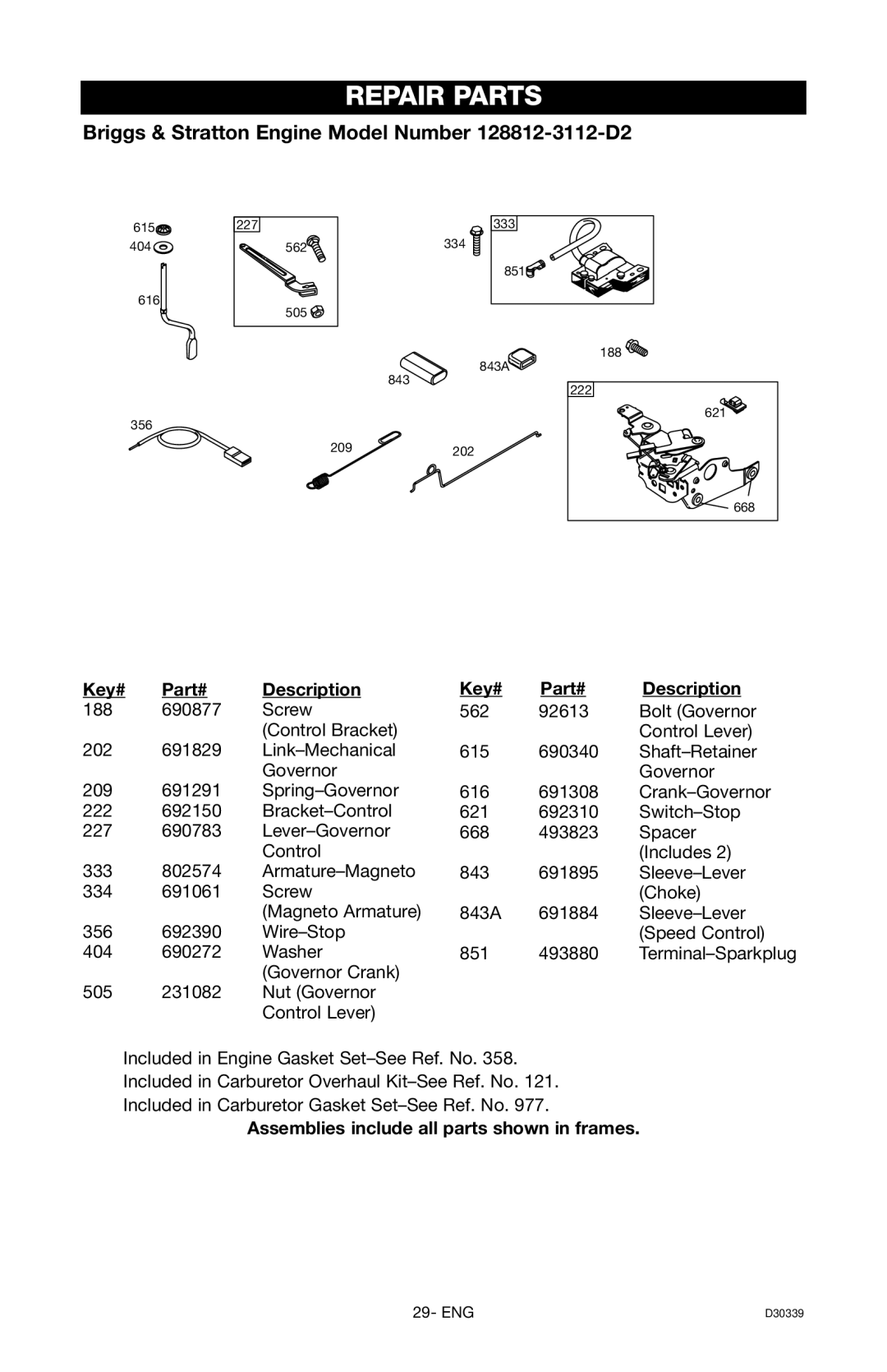 Craftsman D30339, 919.672180 owner manual Terminal-Sparkplug 