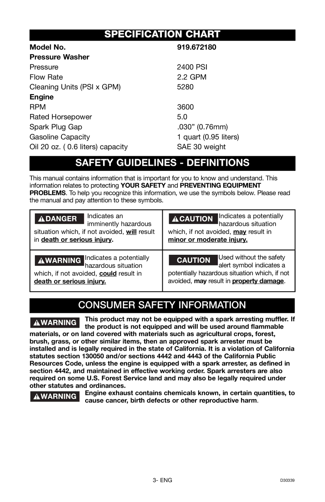 Craftsman D30339 Specification Chart, Safety Guidelines Definitions, Model No 919.672180 Pressure Washer, Engine 