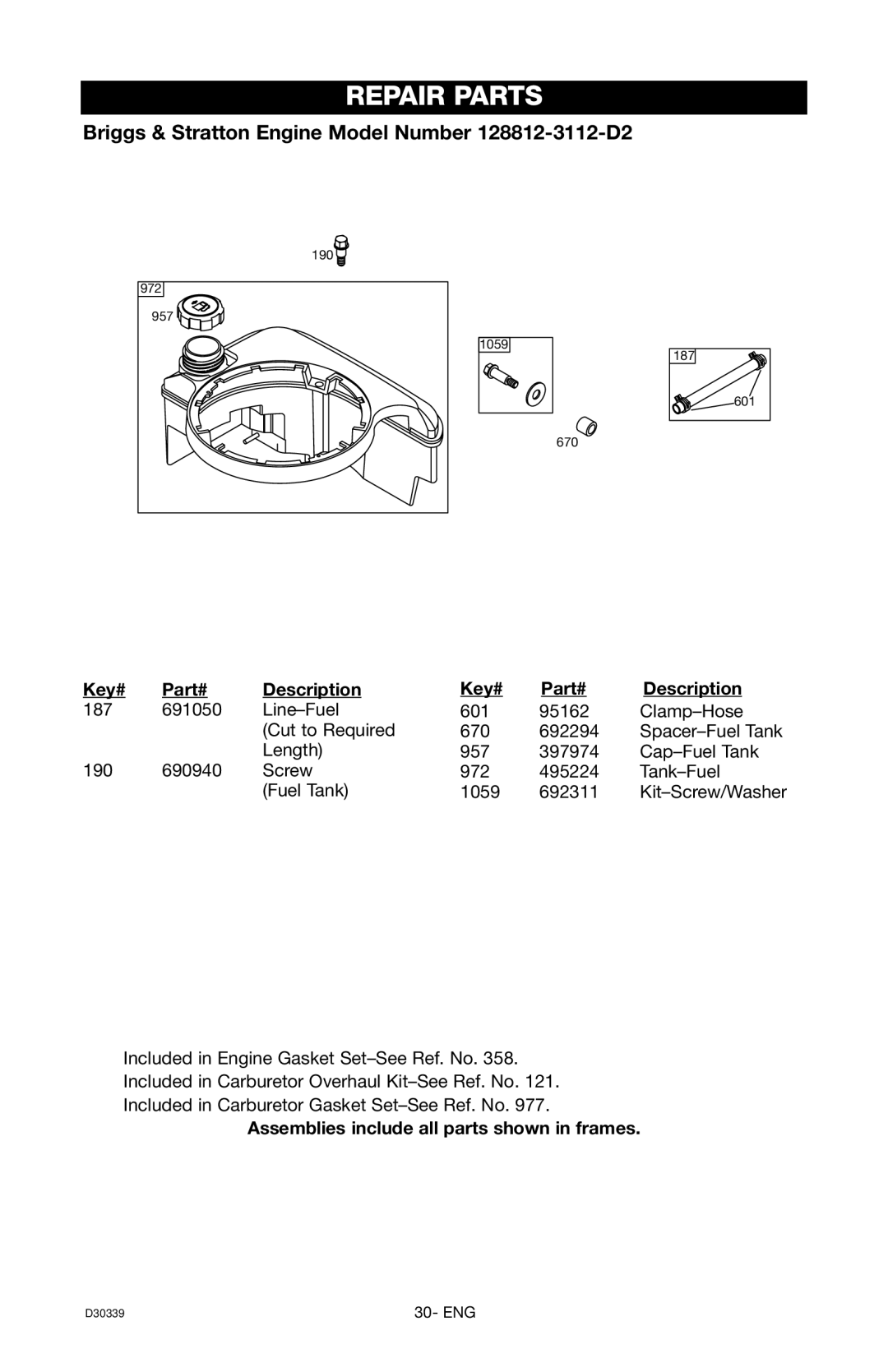 Craftsman 919.672180, D30339 owner manual Kit-Screw/Washer 