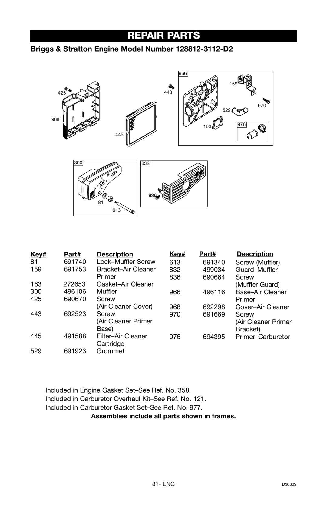 Craftsman D30339, 919.672180 owner manual Air Cleaner Primer 