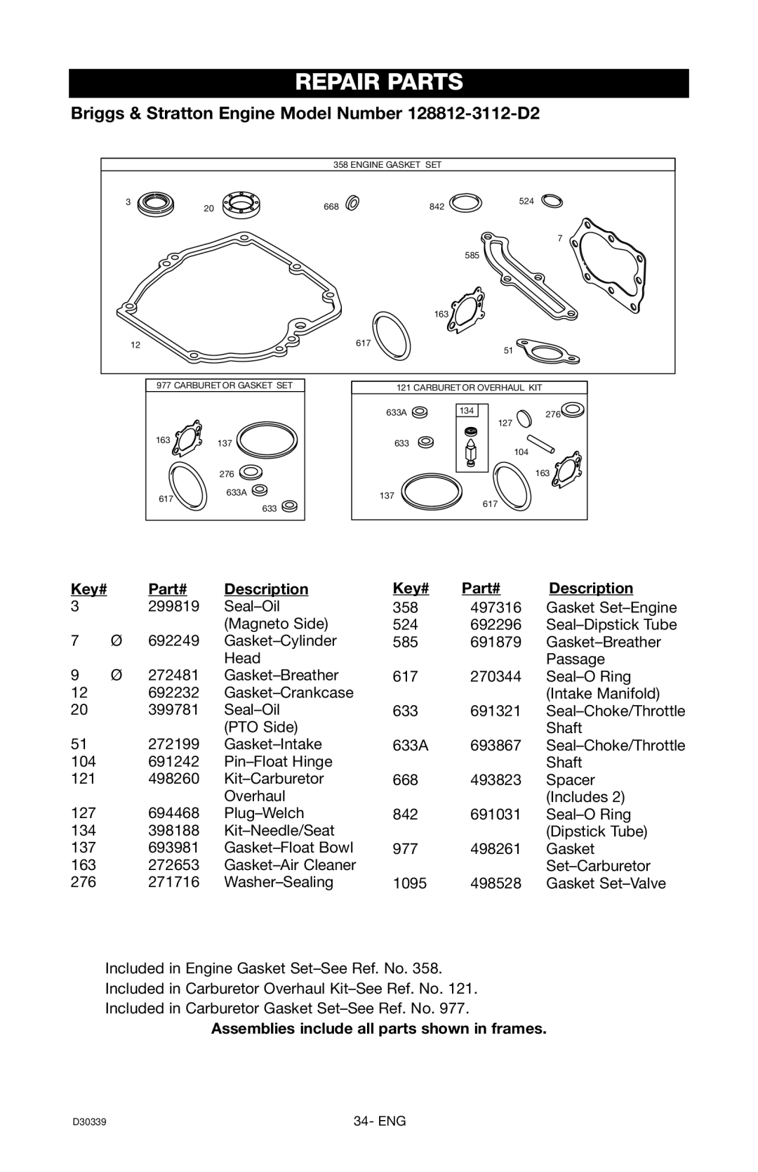 Craftsman 919.672180, D30339 owner manual Part# 