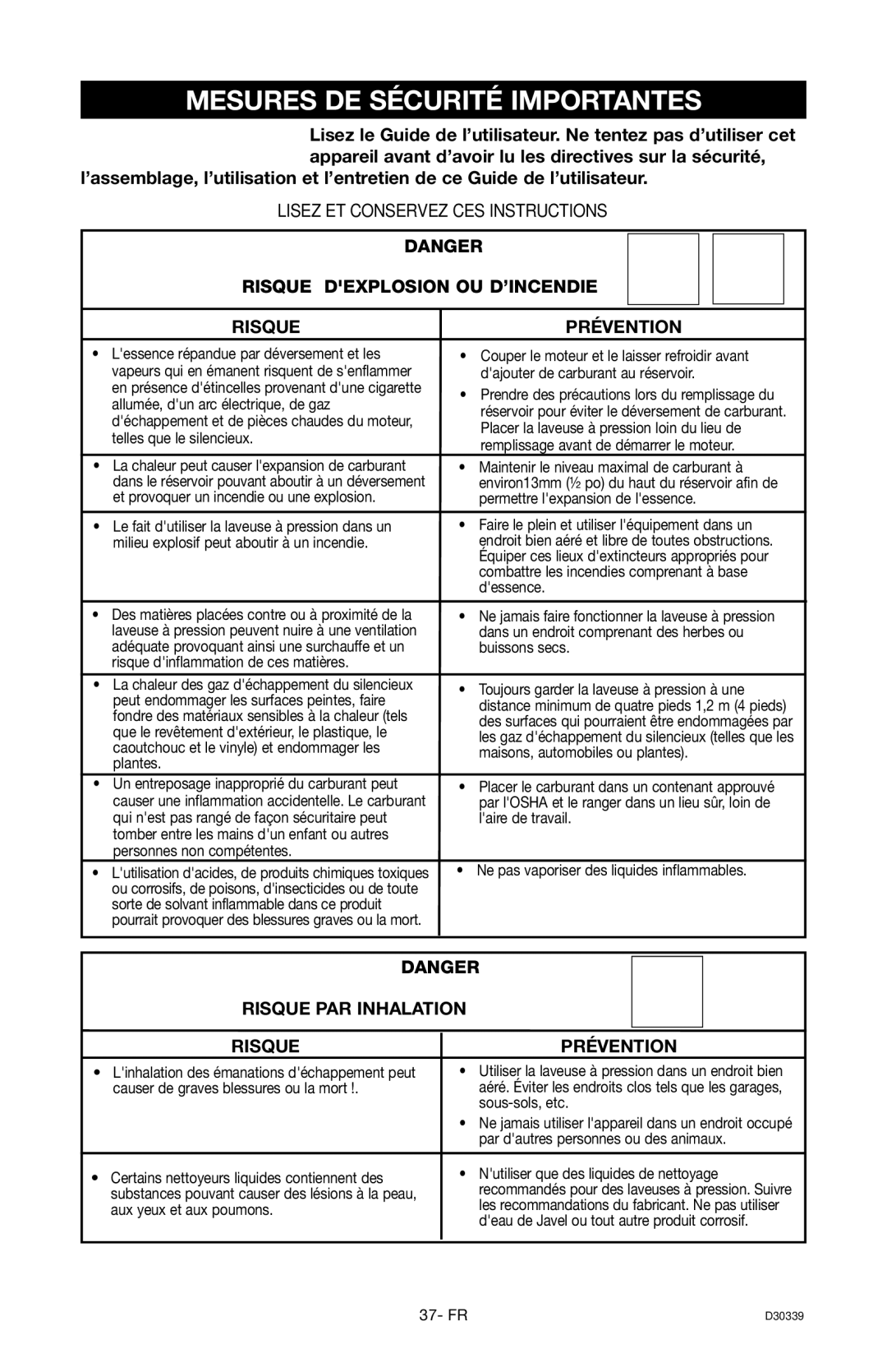 Craftsman D30339, 919.672180 owner manual Mesures DE Sécurité Importantes, Risque Dexplosion OU D’INCENDIE Prévention 