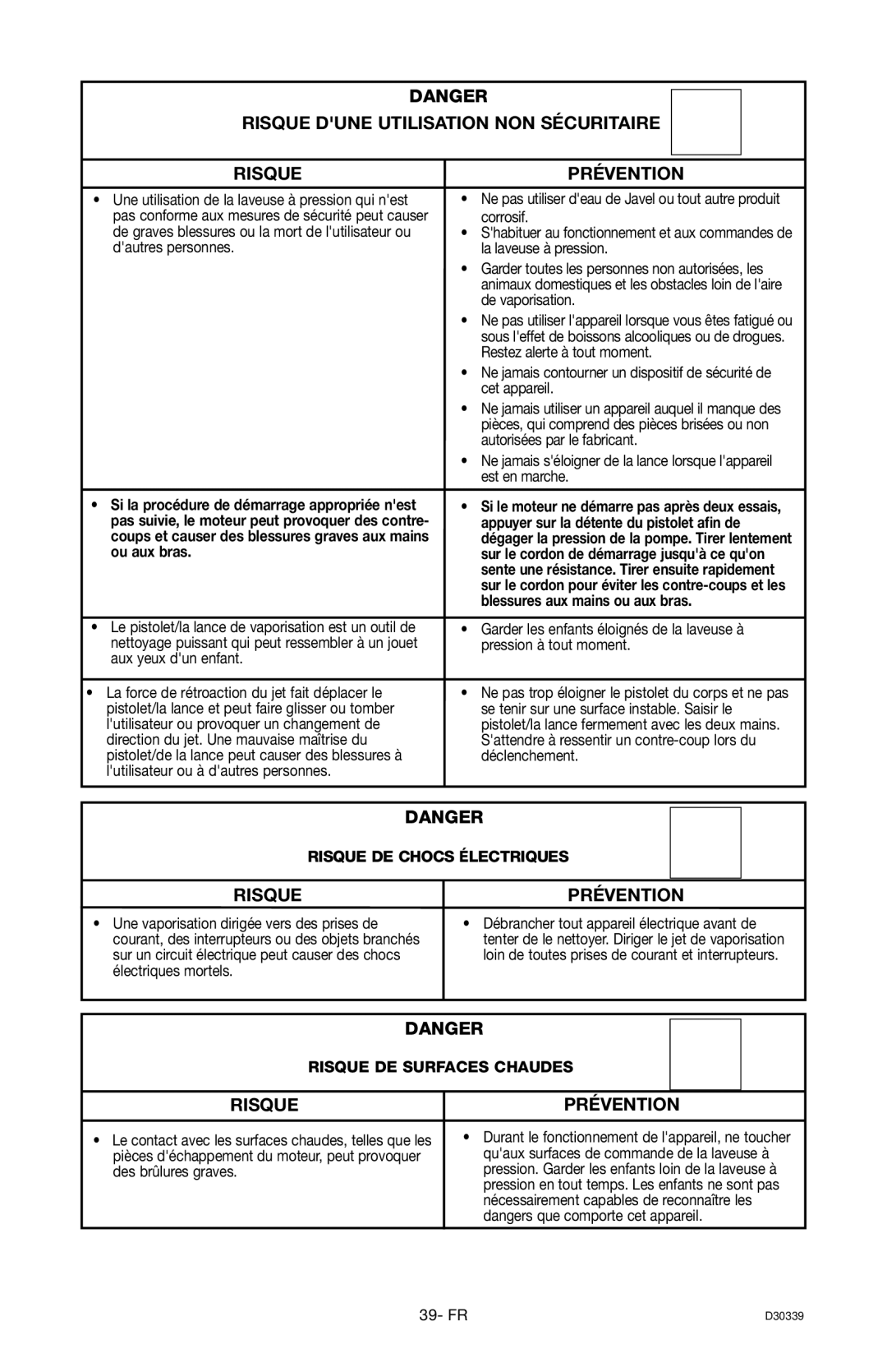 Craftsman D30339, 919.672180 owner manual Risque Dune Utilisation NON Sécuritaire Prévention 