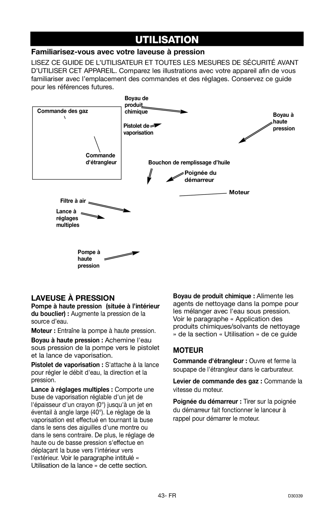 Craftsman D30339, 919.672180 Utilisation, Familiarisez-vous avec votre laveuse à pression, Laveuse À Pression, Moteur 