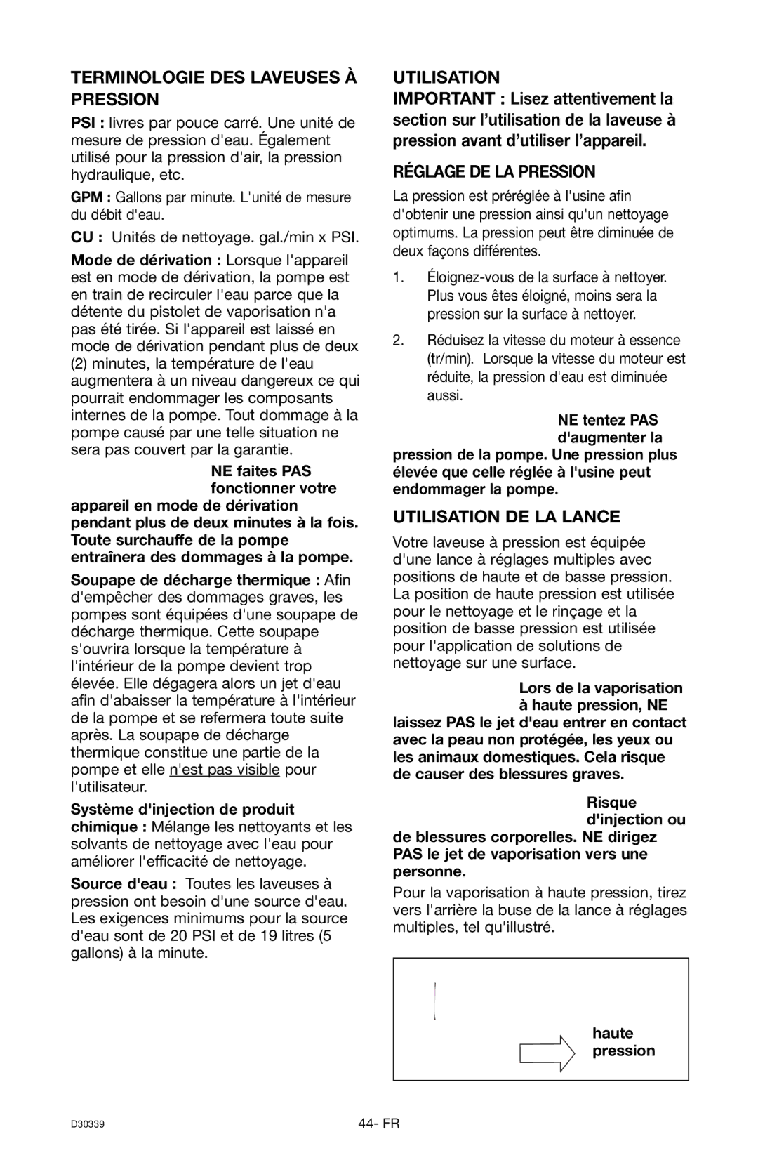 Craftsman 919.672180, D30339 Terminologie DES Laveuses À Pression, Réglage DE LA Pression, Utilisation DE LA Lance 