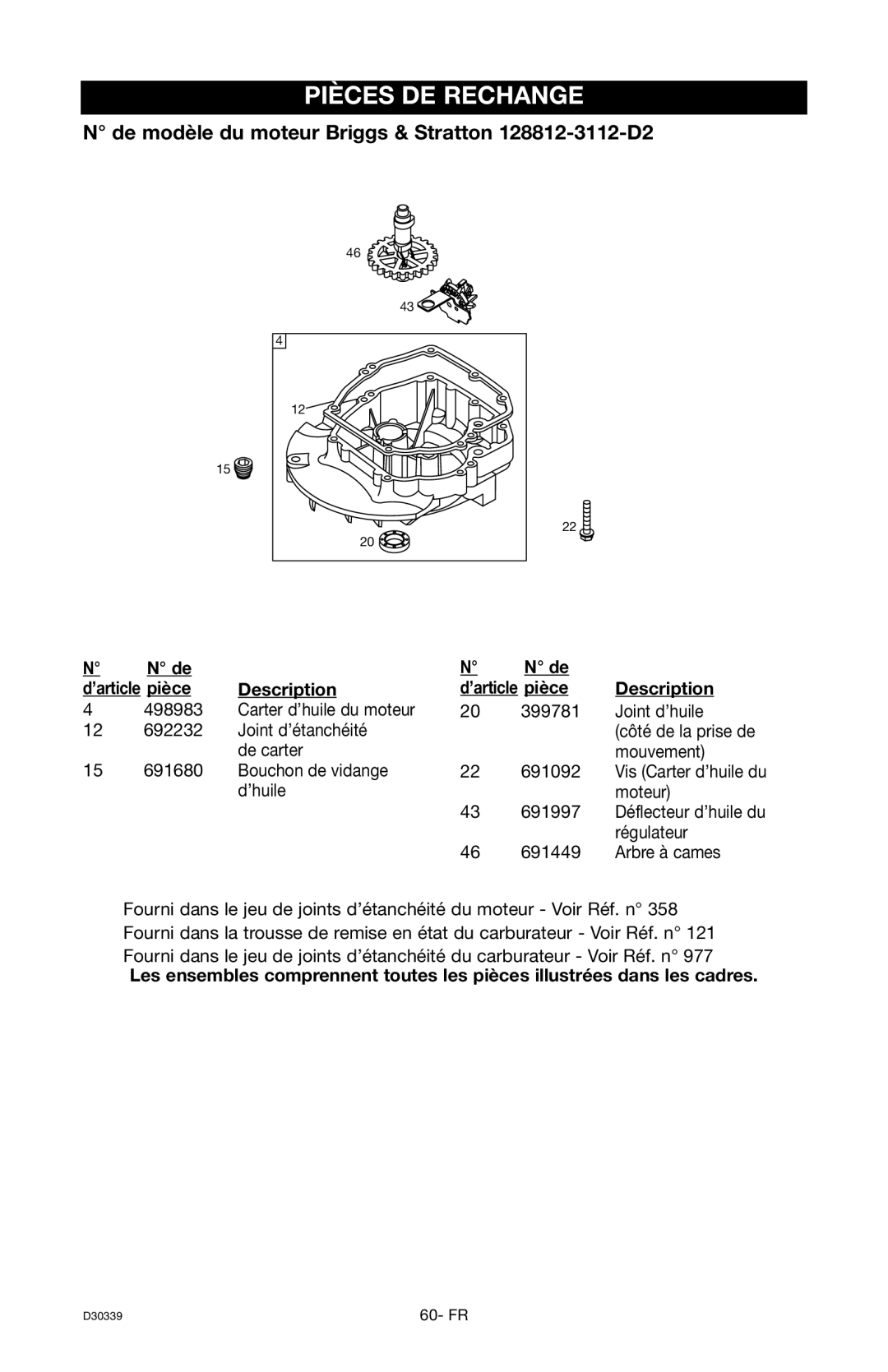 Craftsman 919.672180, D30339 owner manual Description ’article pièce 