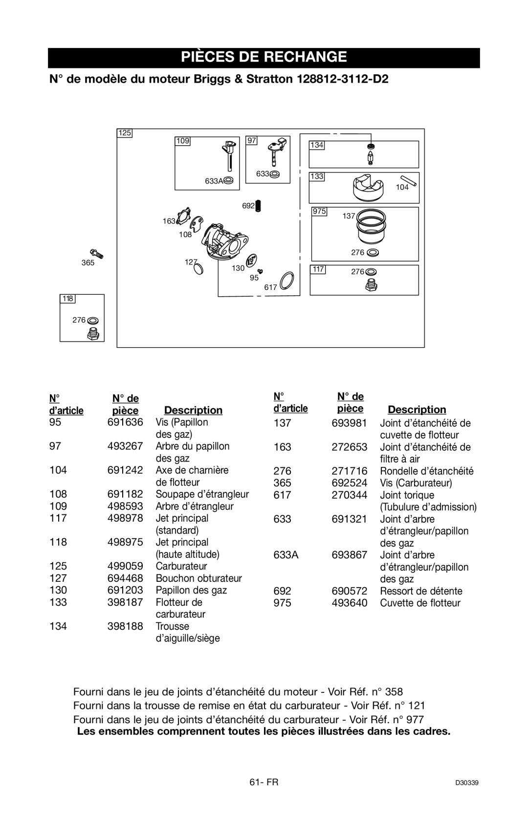 Craftsman D30339, 919.672180 owner manual De flotteur 