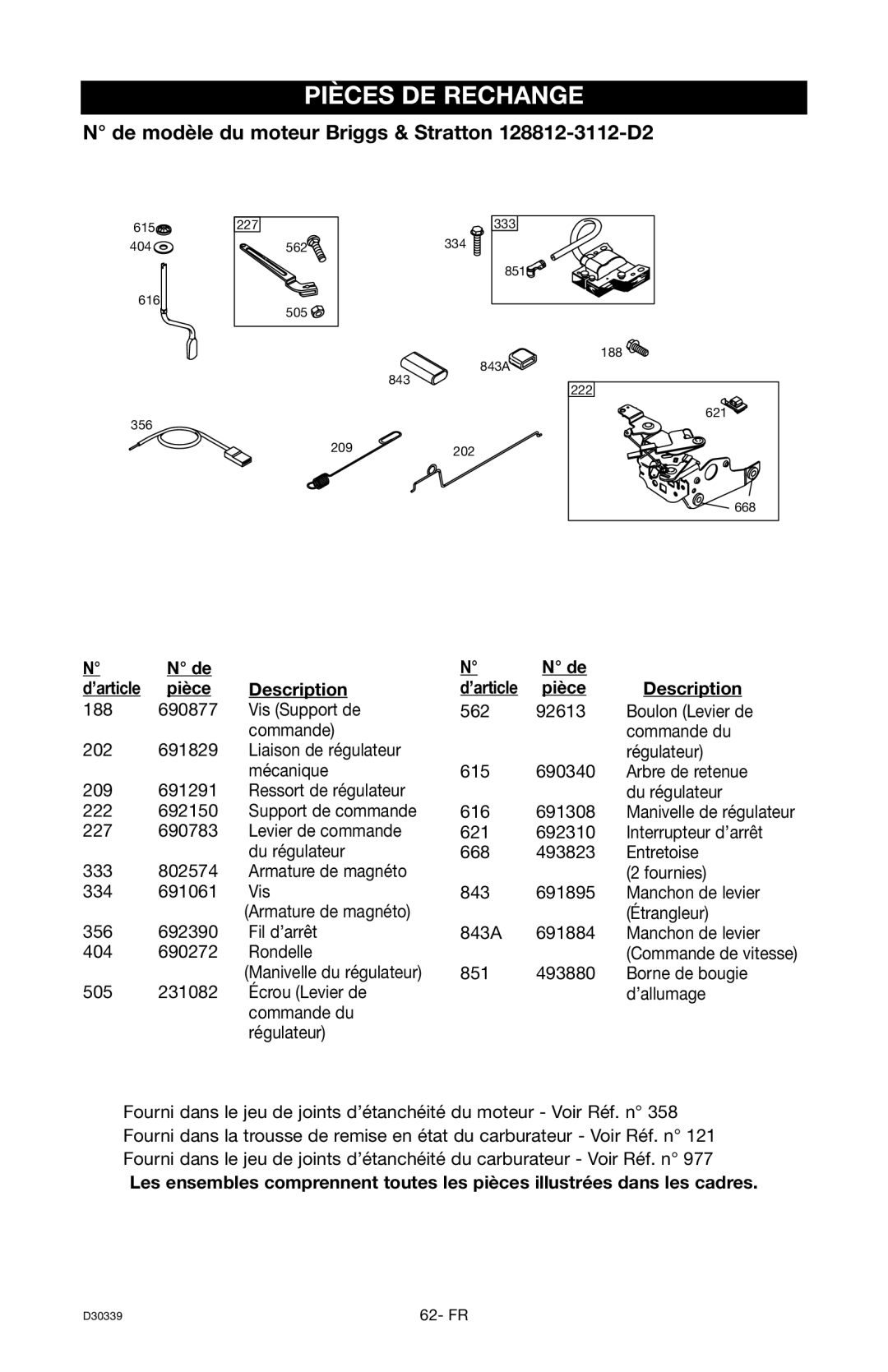 Craftsman 919.672180, D30339 owner manual Pièce Description 