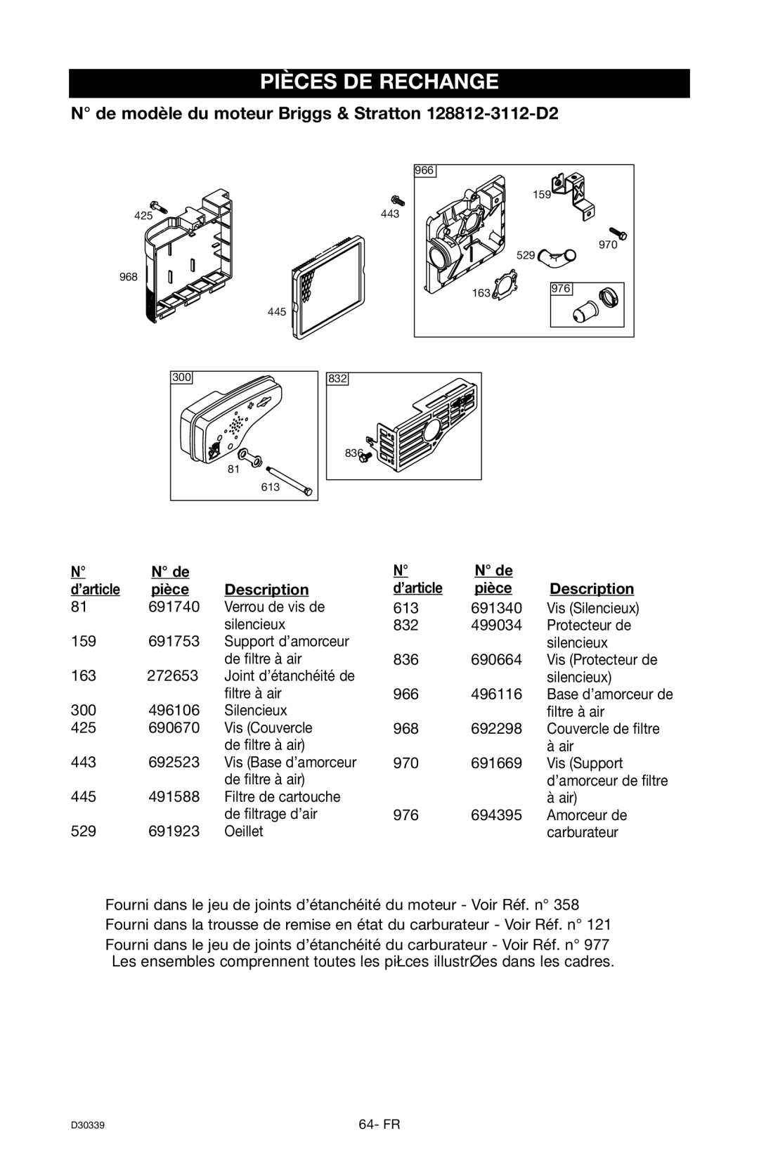 Craftsman 919.672180, D30339 owner manual ’article Pièce, 613 691340 