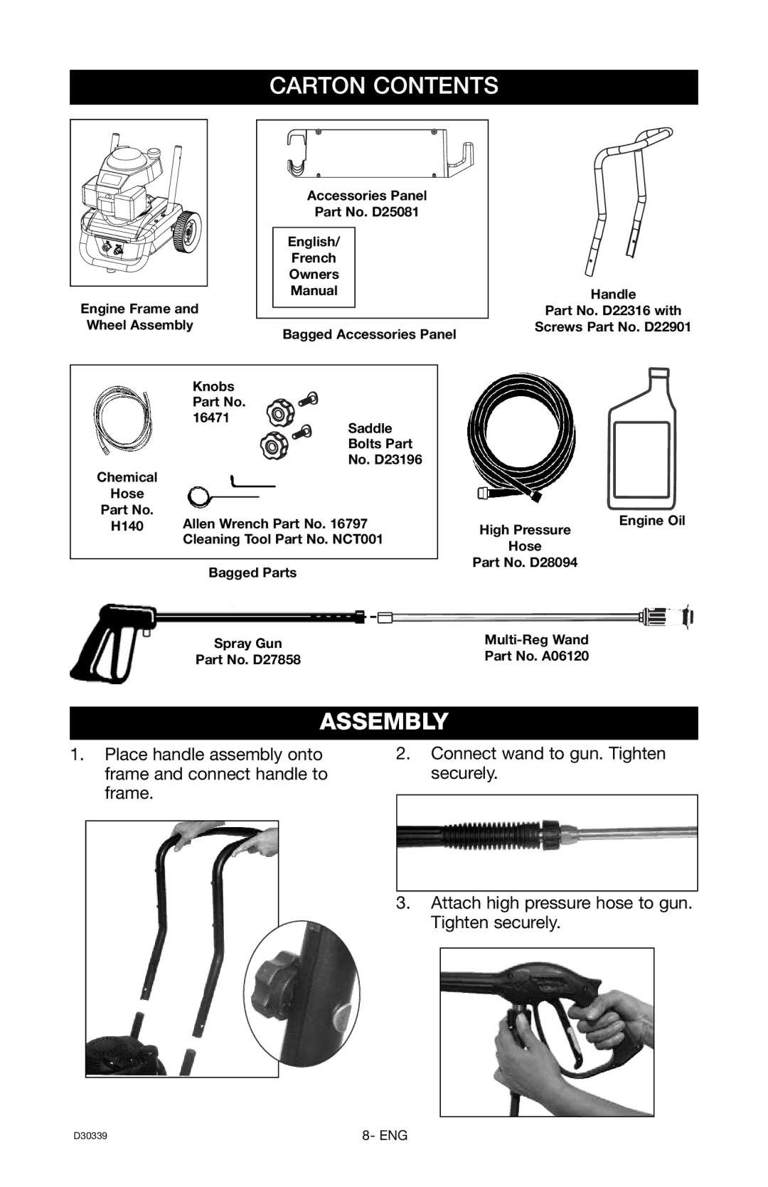 Craftsman 919.672180, D30339 owner manual Carton Contents, Assembly 