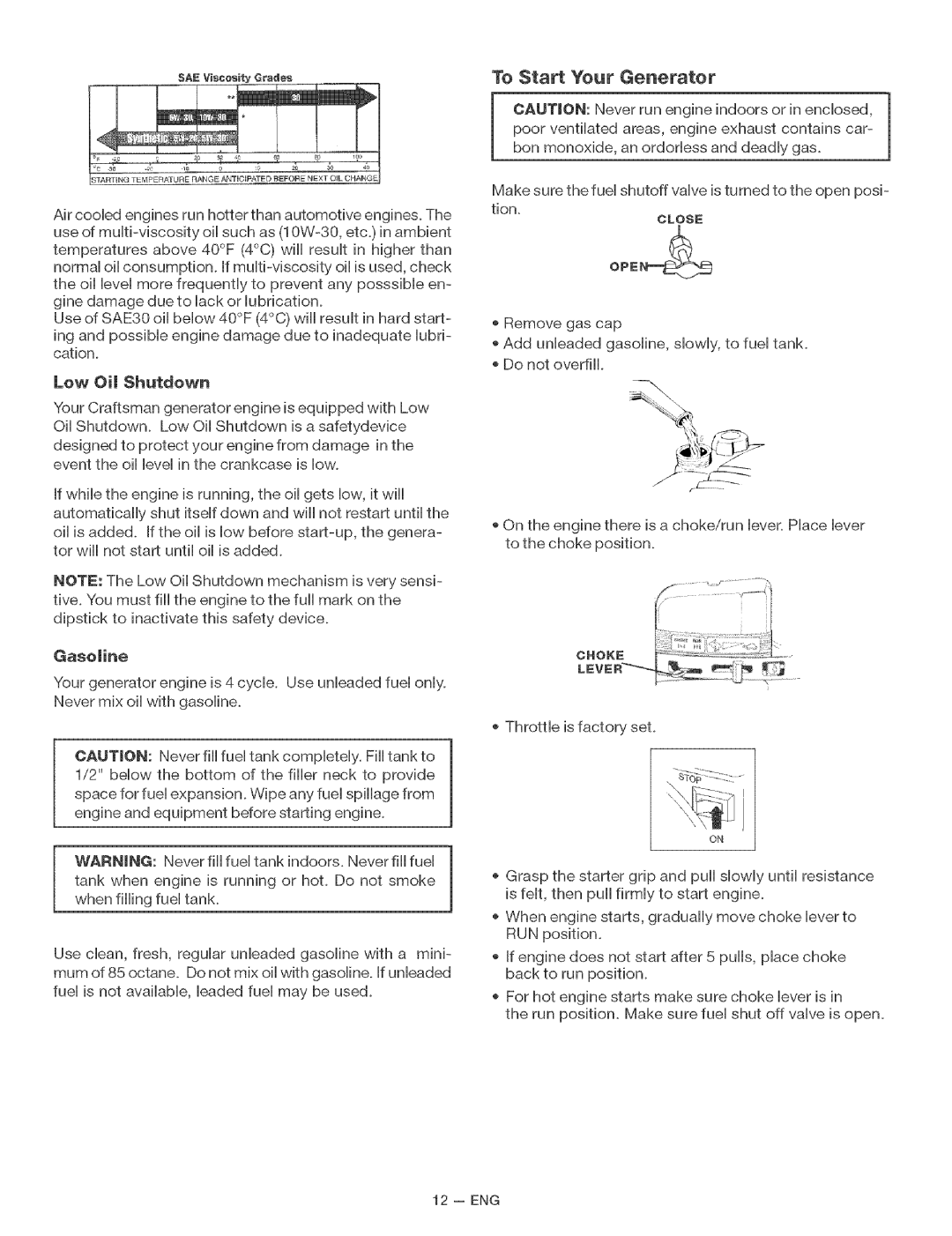 Craftsman 919.67937 manual Lew Oil Shutdown, Gasoline 