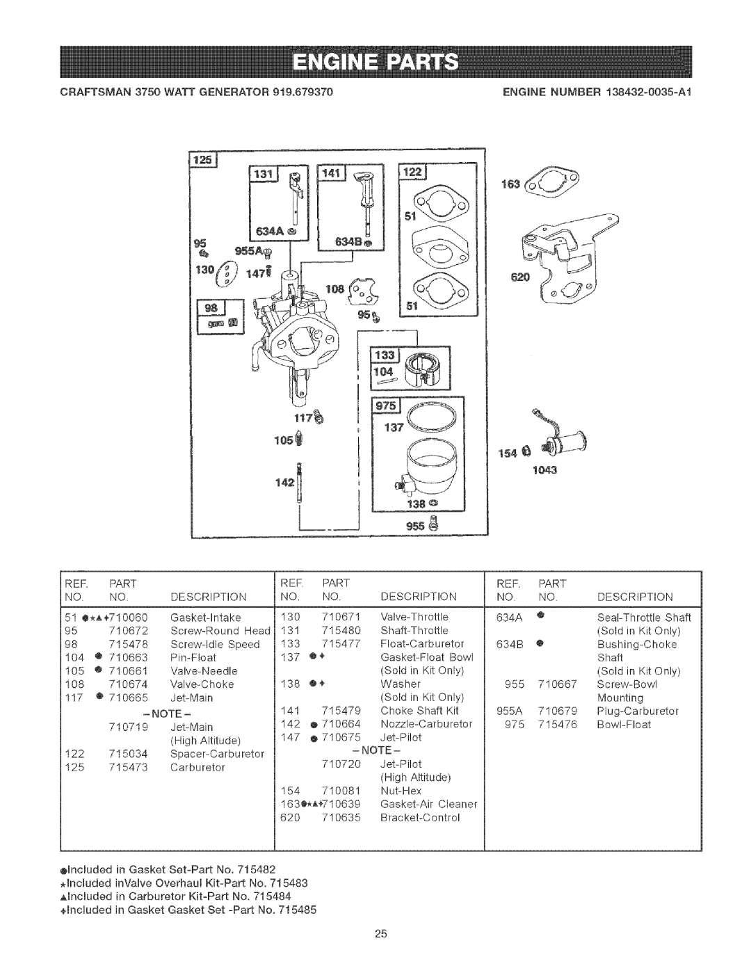 Craftsman 919.67937 105, 51O*A4,710060Gasket-Intake 130 710671 Valve-Throttle 634A O, 710672, Shaft-Throttle 634B, 715478 