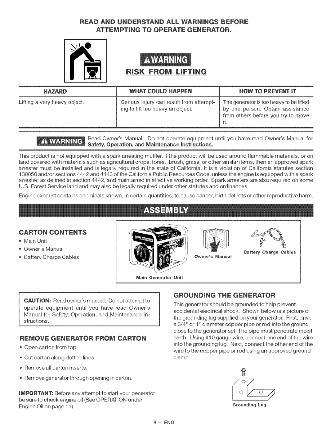 Craftsman 919.67937 manual Carton Contents, Remove Generator from Carton, Groundbng the Generator, HOW to Prevent iT 