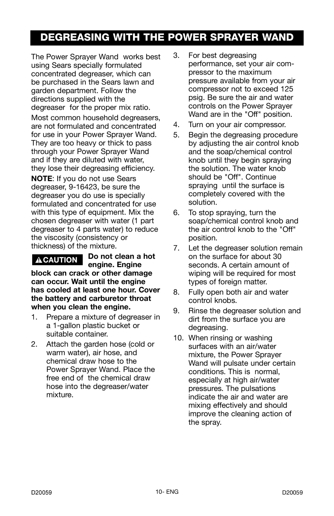 Craftsman 919.716171 owner manual Degreasing with the Power Sprayer Wand 