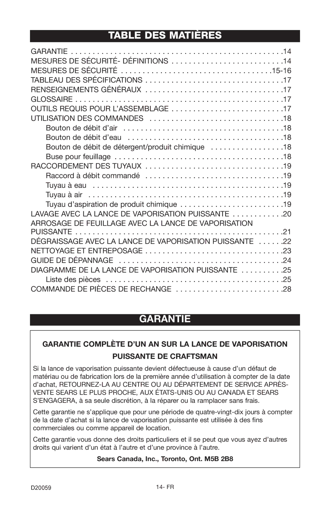 Craftsman 919.716171 owner manual Table DES Matières, Garantie 