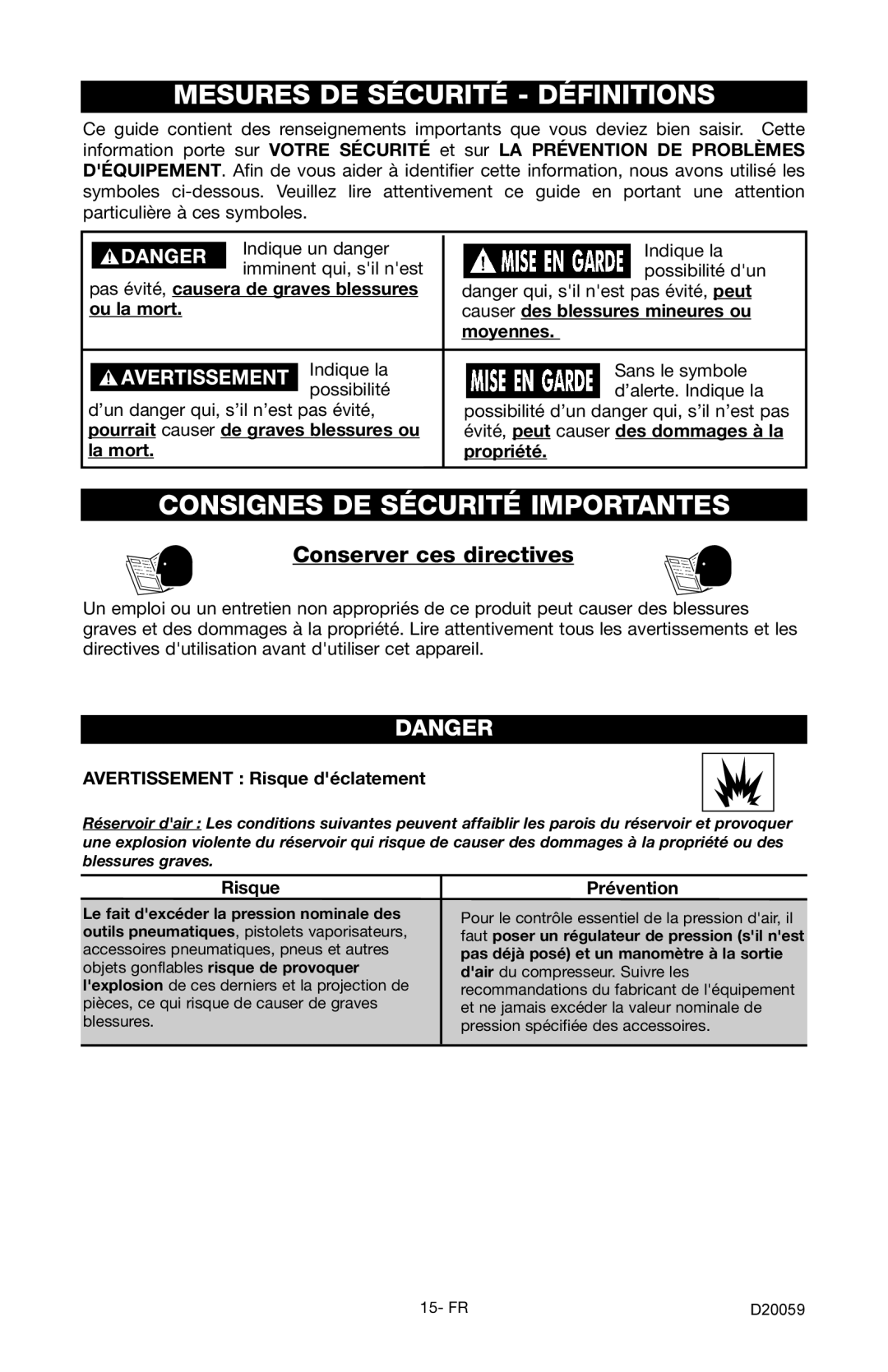 Craftsman 919.716171 owner manual Mesures DE Sécurité Définitions, Consignes DE Sécurité Importantes 