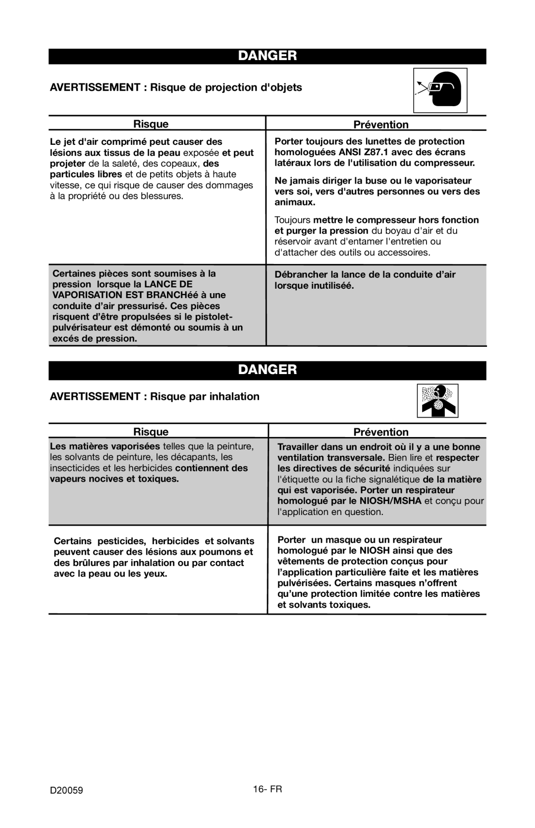 Craftsman 919.716171 owner manual Avertissement Risque de projection dobjets, Avertissement Risque par inhalation 