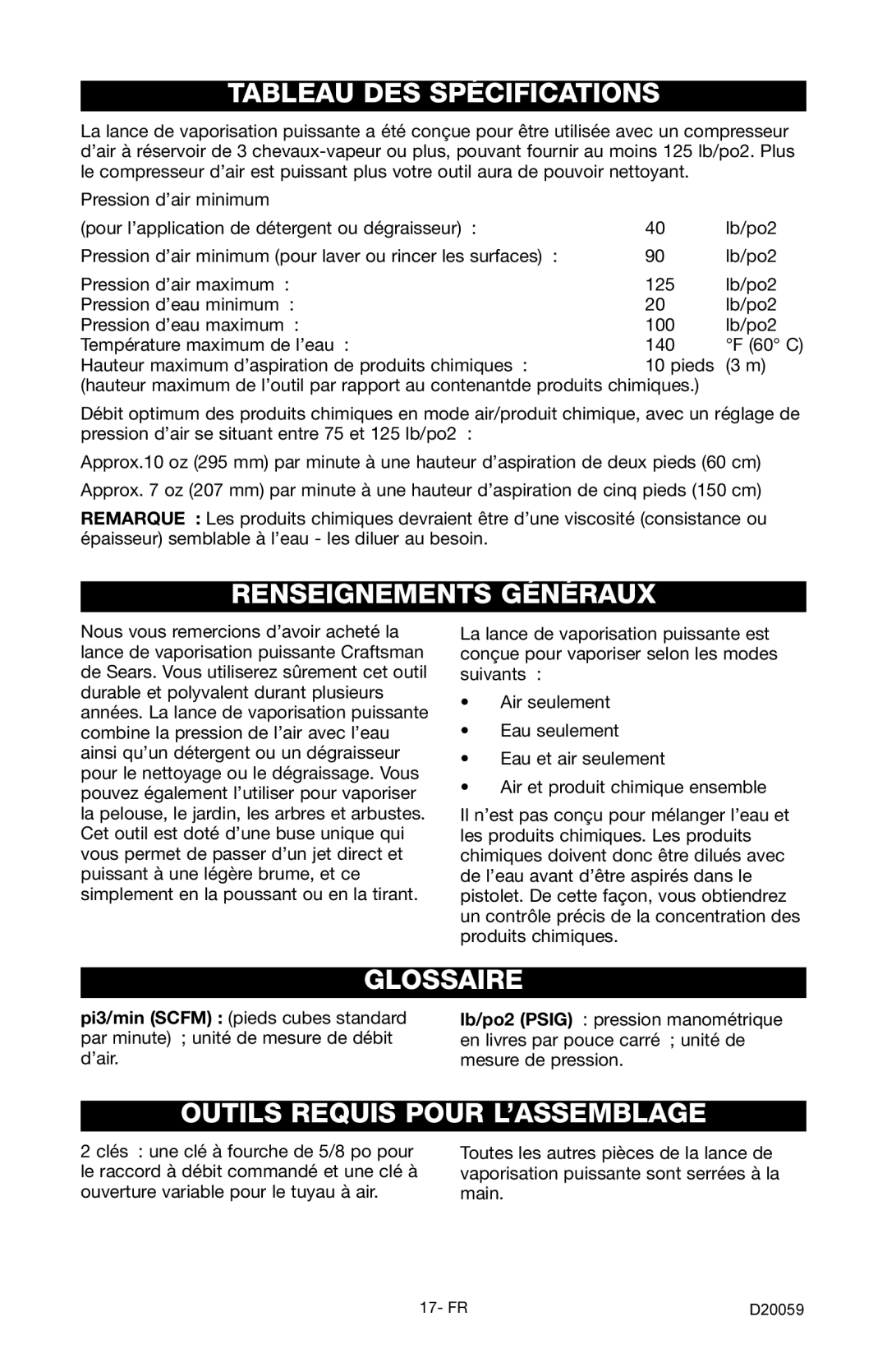 Craftsman 919.716171 Tableau DES Spécifications, Renseignements Généraux, Glossaire, Outils Requis Pour L’ASSEMBLAGE 