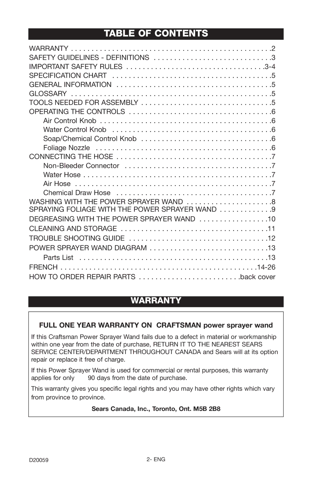 Craftsman 919.716171 owner manual Table of Contents 