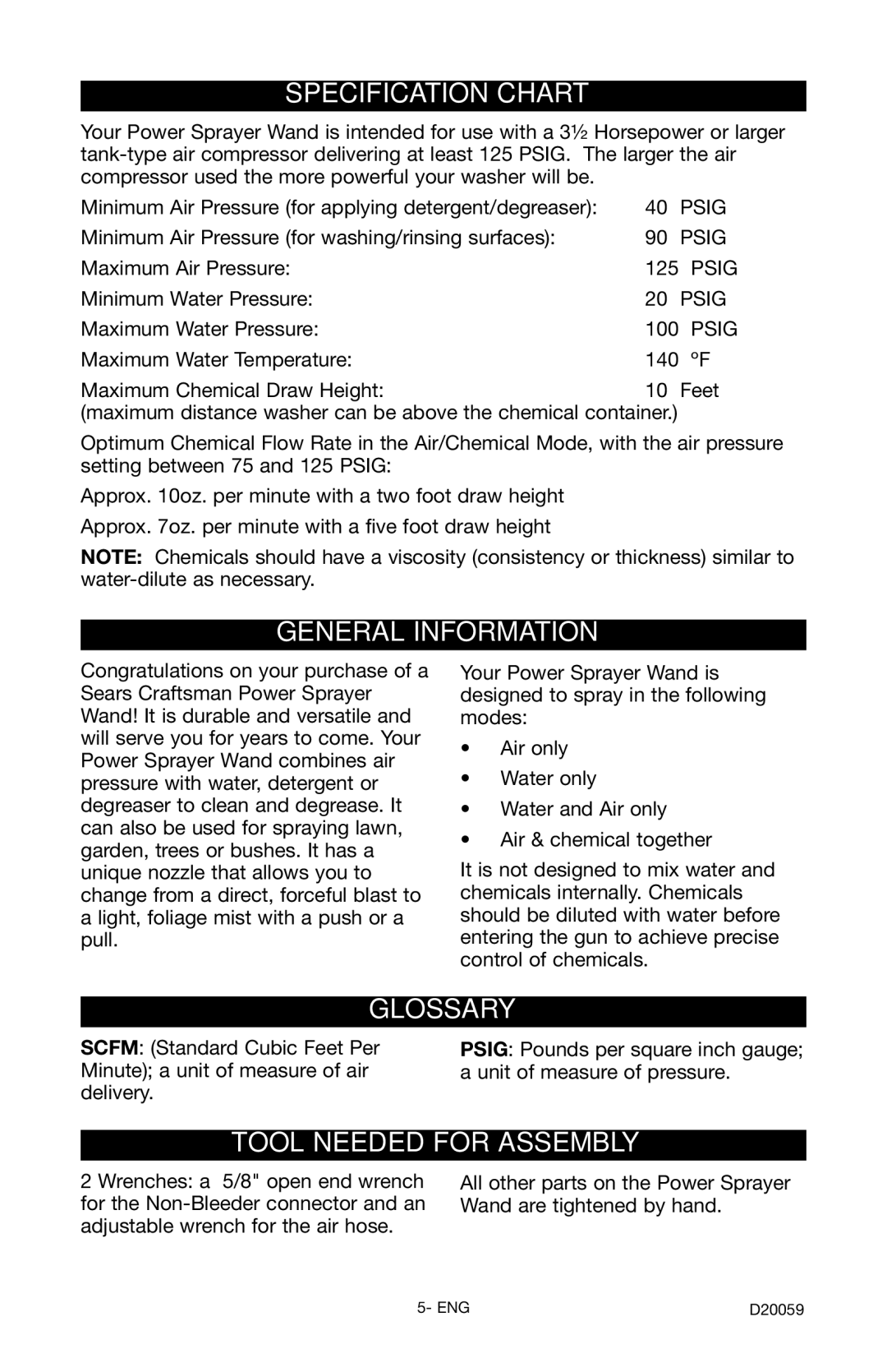 Craftsman 919.716171 owner manual Specification Chart, General Information, Glossary, Tool Needed for Assembly 