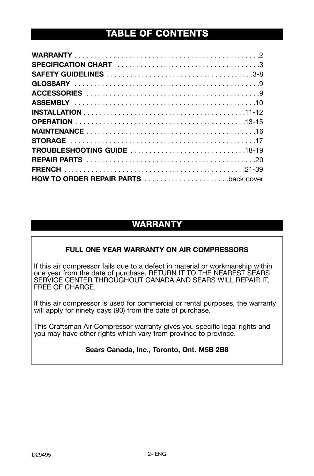 Craftsman 919.722020 owner manual Table of Contents 