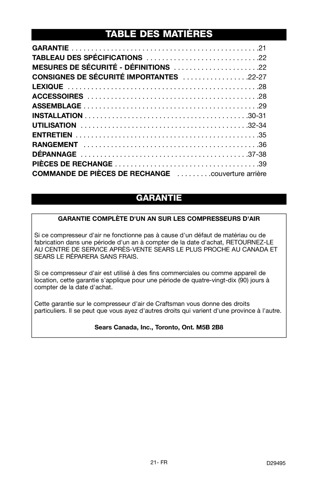 Craftsman 919.722020 owner manual Table DES Matières, 22-27, 30-31, 32-34, 37-38 