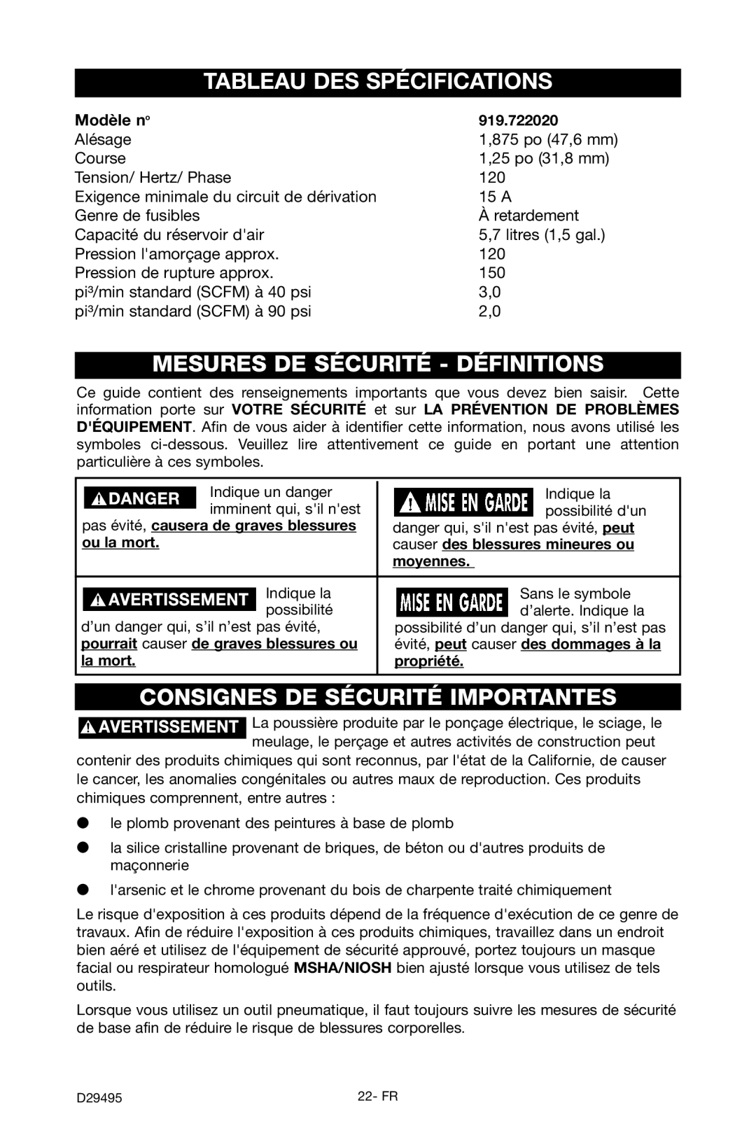 Craftsman 919.722020 Tableau DES Spécifications, Mesures DE Sécurité Définitions, Consignes DE Sécurité Importantes 