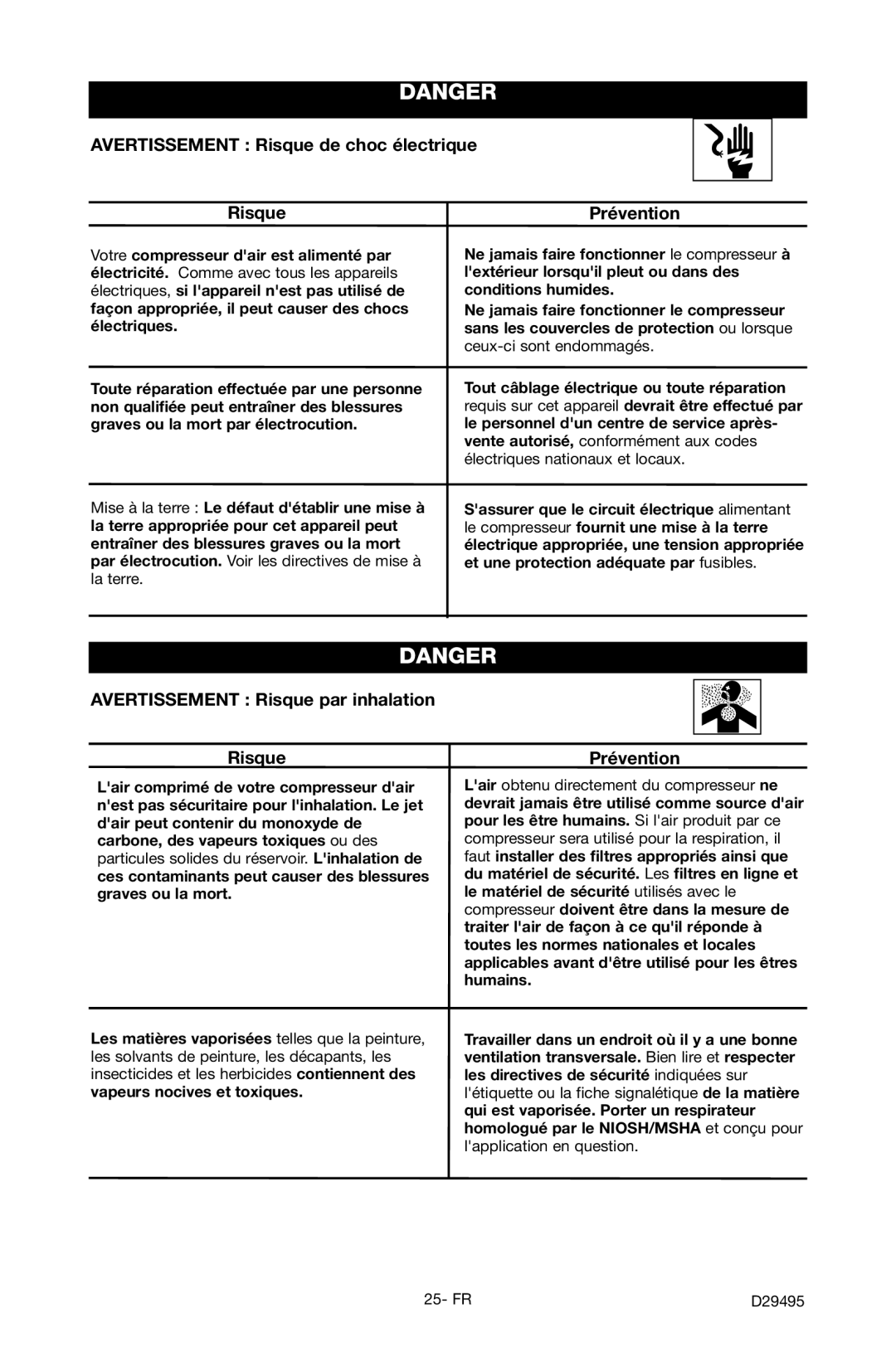 Craftsman 919.722020 owner manual Avertissement Risque de choc électrique, Avertissement Risque par inhalation 