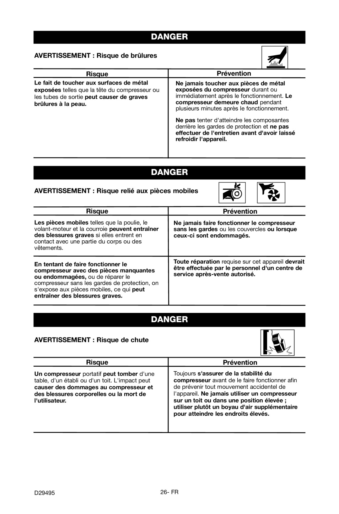 Craftsman 919.722020 owner manual Avertissement Risque de brûlures, Avertissement Risque relié aux pièces mobiles 