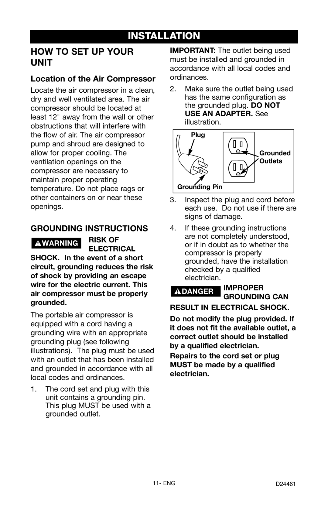 Craftsman 919.72412 Installation, Location of the Air Compressor, Risk of Electrical, Plug Grounded Outlets Grounding Pin 