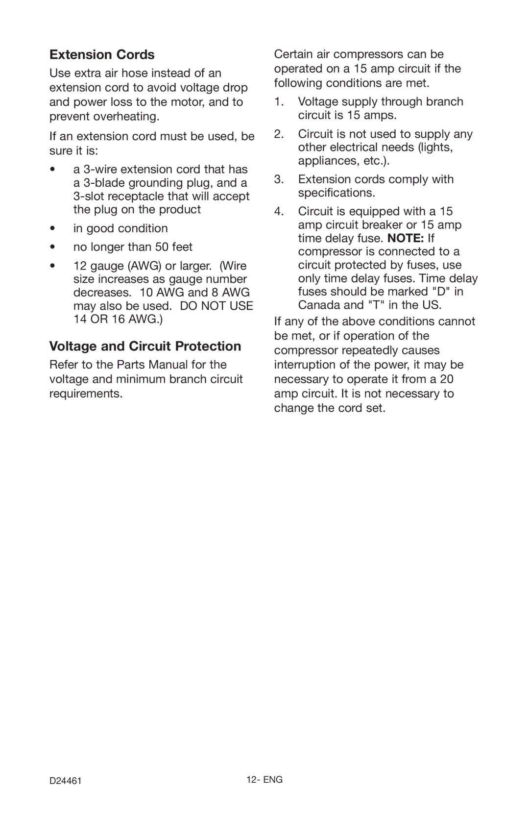 Craftsman 919.72412 owner manual Extension Cords, Voltage and Circuit Protection 