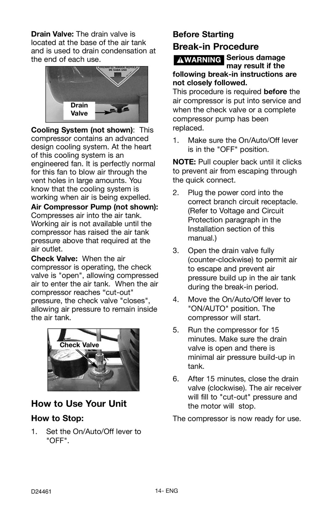 Craftsman 919.72412 owner manual How to Stop, Before Starting, Drain Valve, Check Valve 