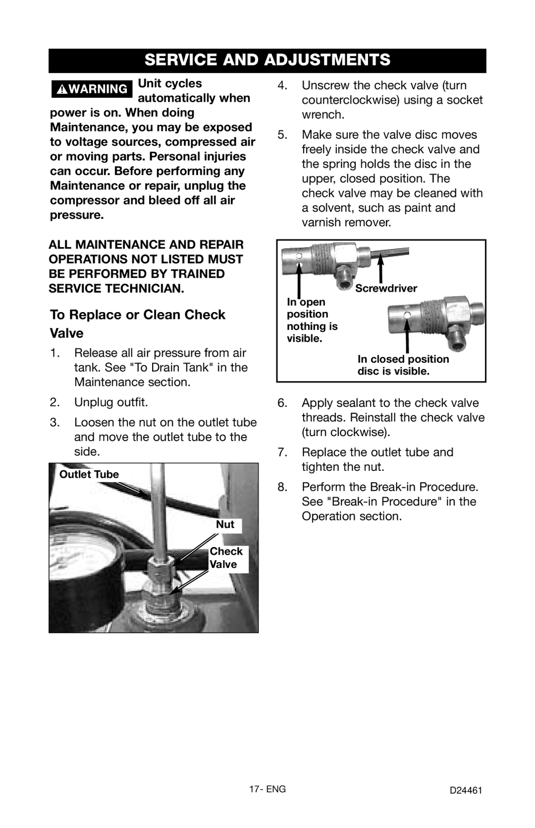 Craftsman 919.72412 owner manual Service and Adjustments, To Replace or Clean Check Valve, Outlet Tube Nut Check Valve 