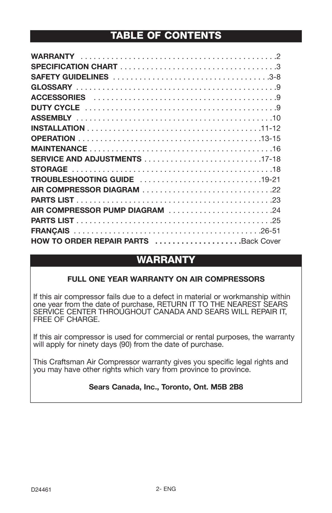 Craftsman 919.72412 owner manual Table of Contents, Warranty 