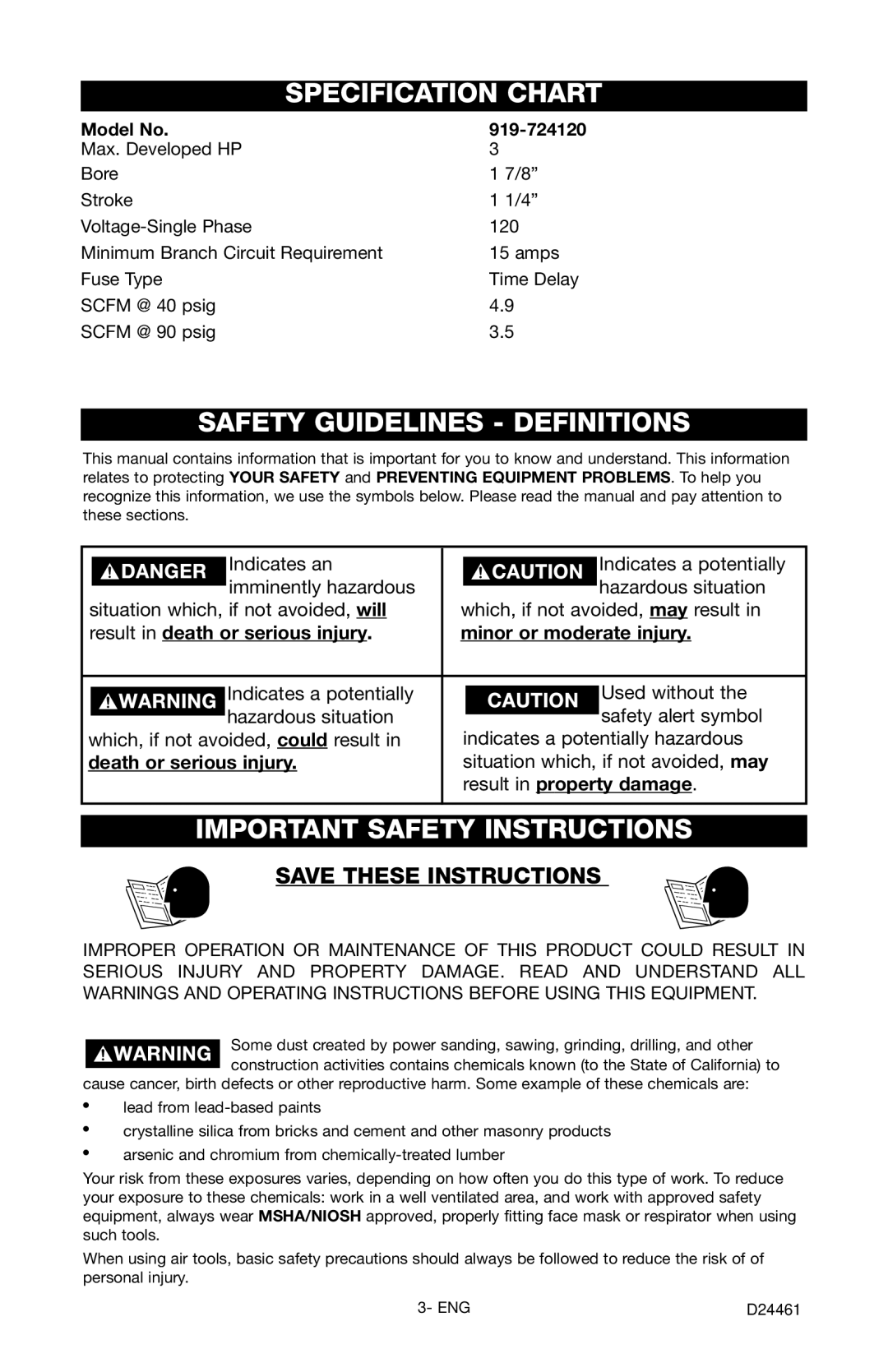 Craftsman 919.72412 owner manual Specification Chart, Safety Guidelines Definitions, Important Safety Instructions 