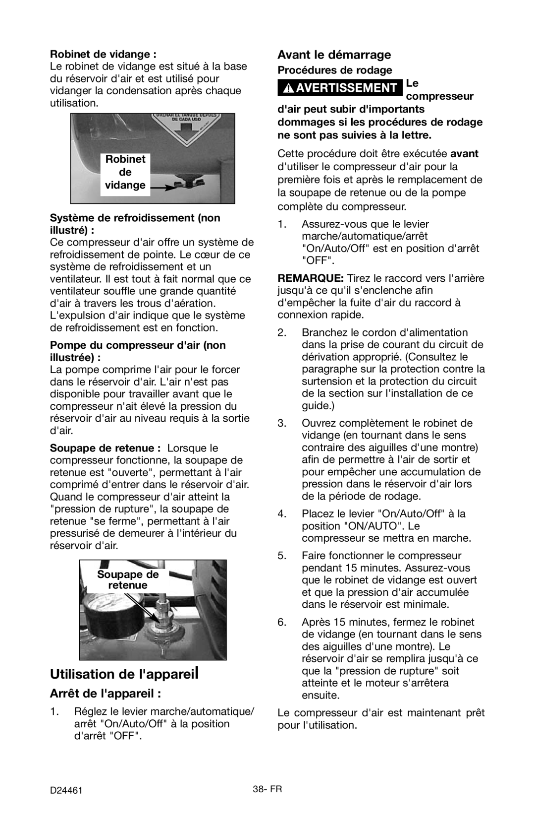 Craftsman 919.72412 owner manual Utilisation de lappareil, Arrêt de lappareil, Avant le démarrage 