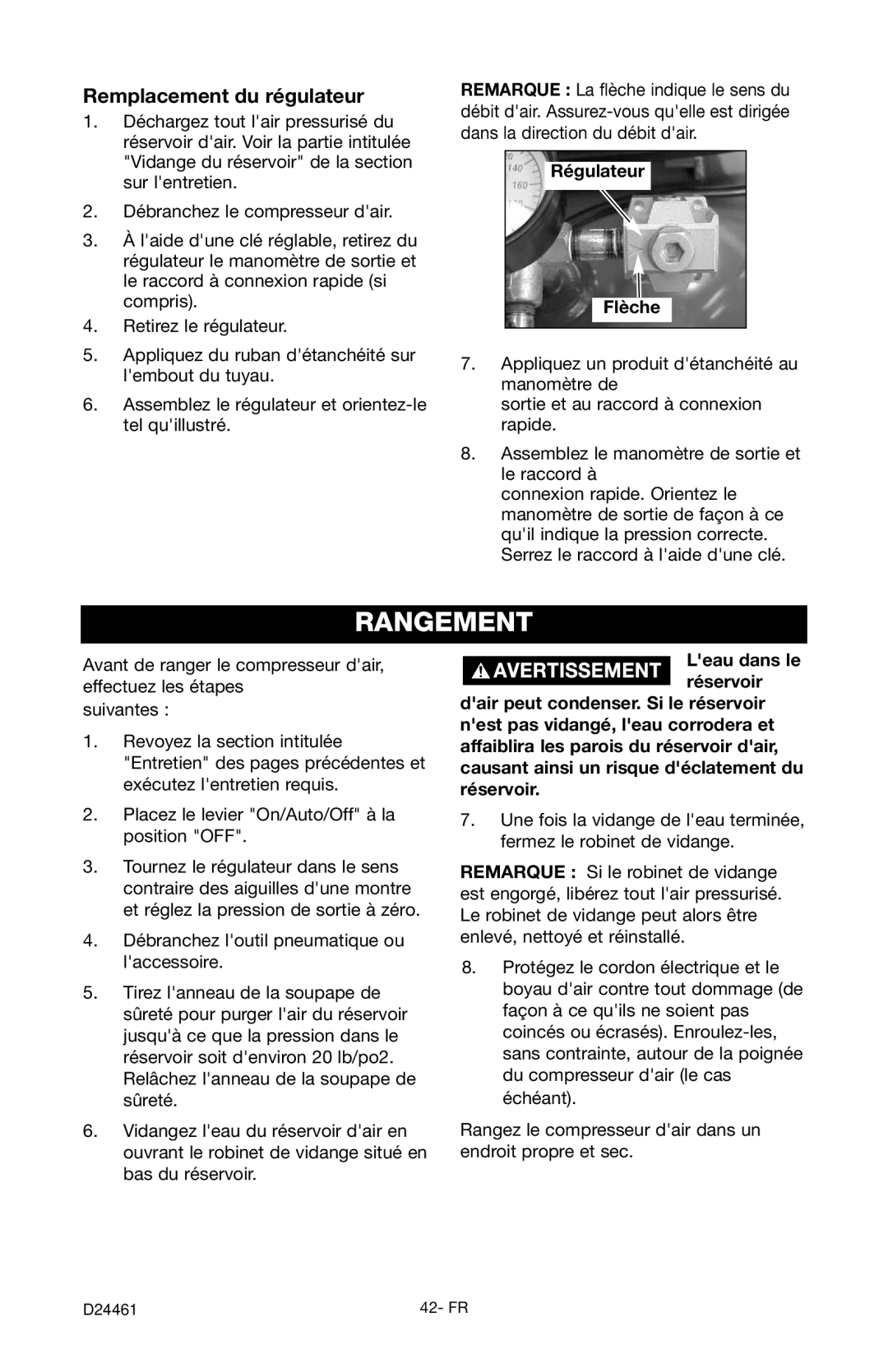 Craftsman 919.72412 owner manual Rangement, Remplacement du régulateur, Régulateur Flèche 