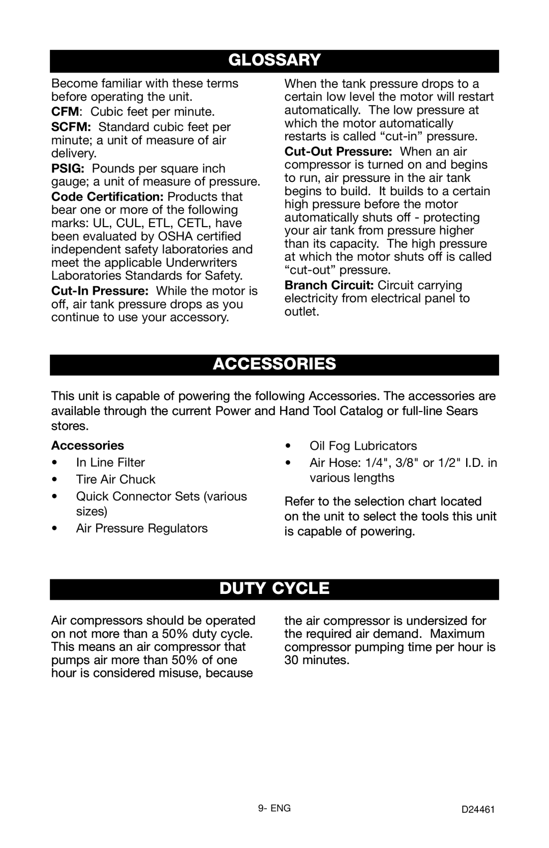 Craftsman 919.72412 owner manual Glossary, Accessories, Duty Cycle 