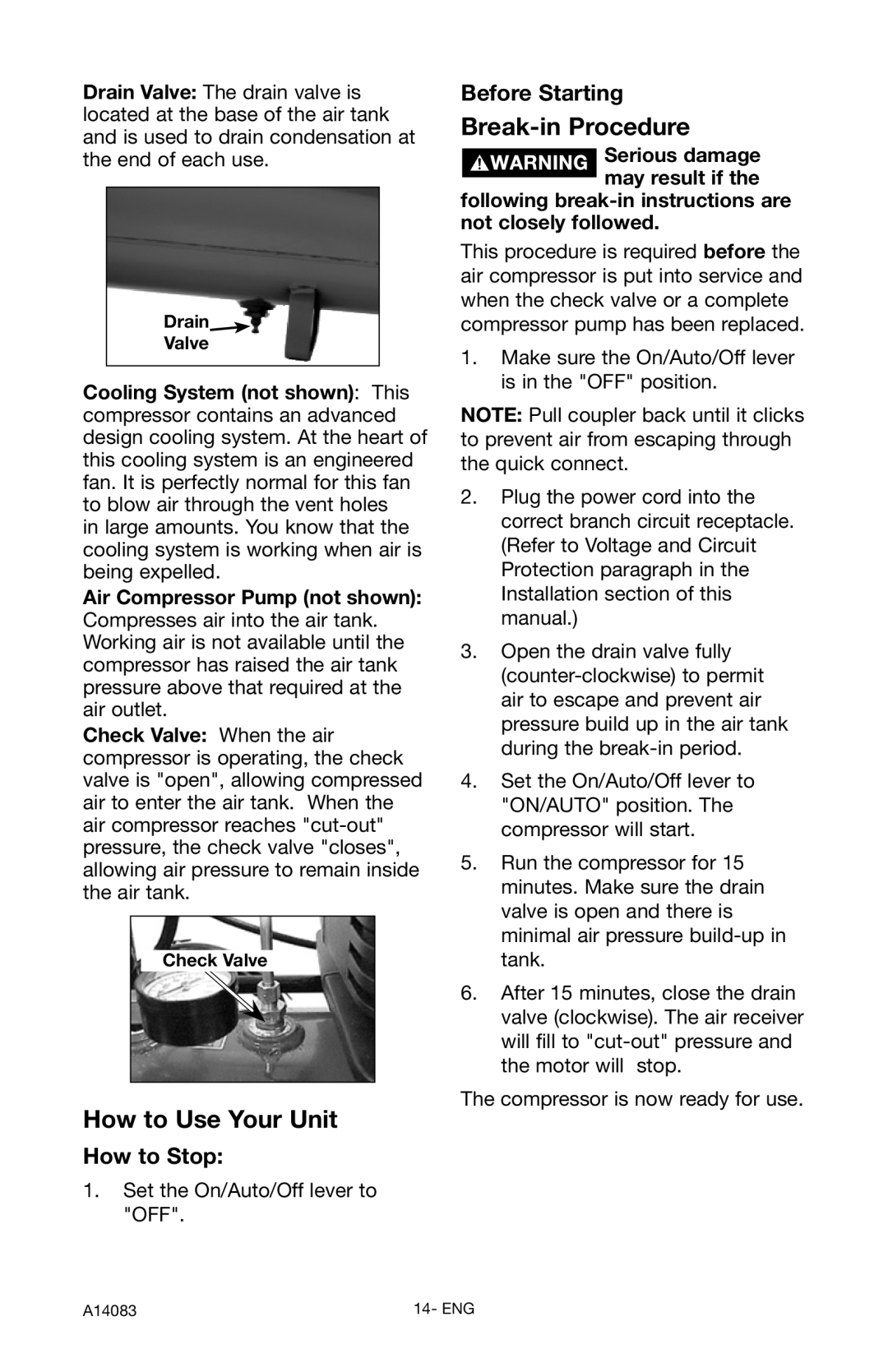 Craftsman 919.724123 owner manual How to Stop, Before Starting, Drain Valve, Check Valve 