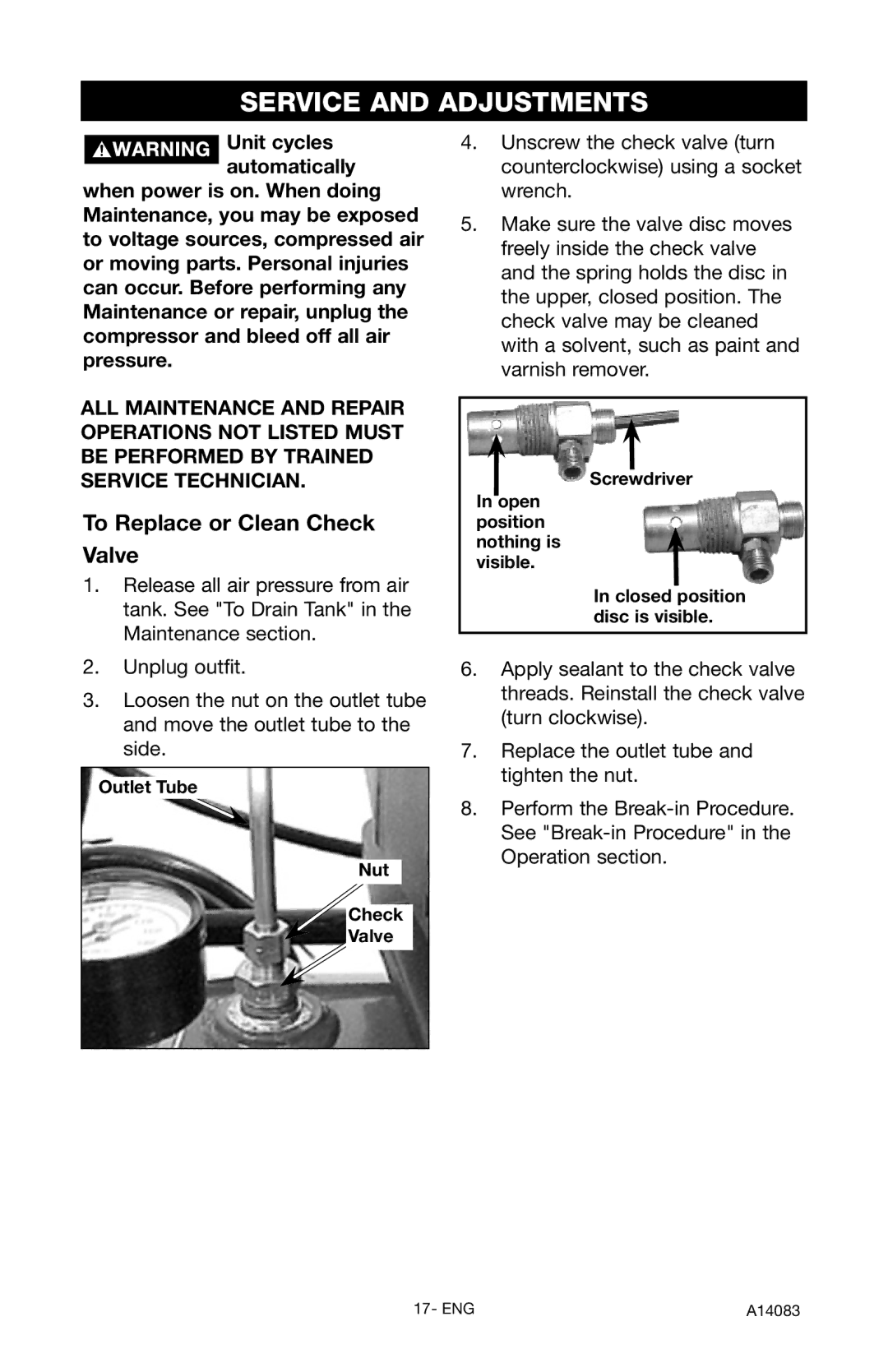 Craftsman 919.724123 owner manual Service and Adjustments, To Replace or Clean Check Valve, Outlet Tube Nut Check Valve 