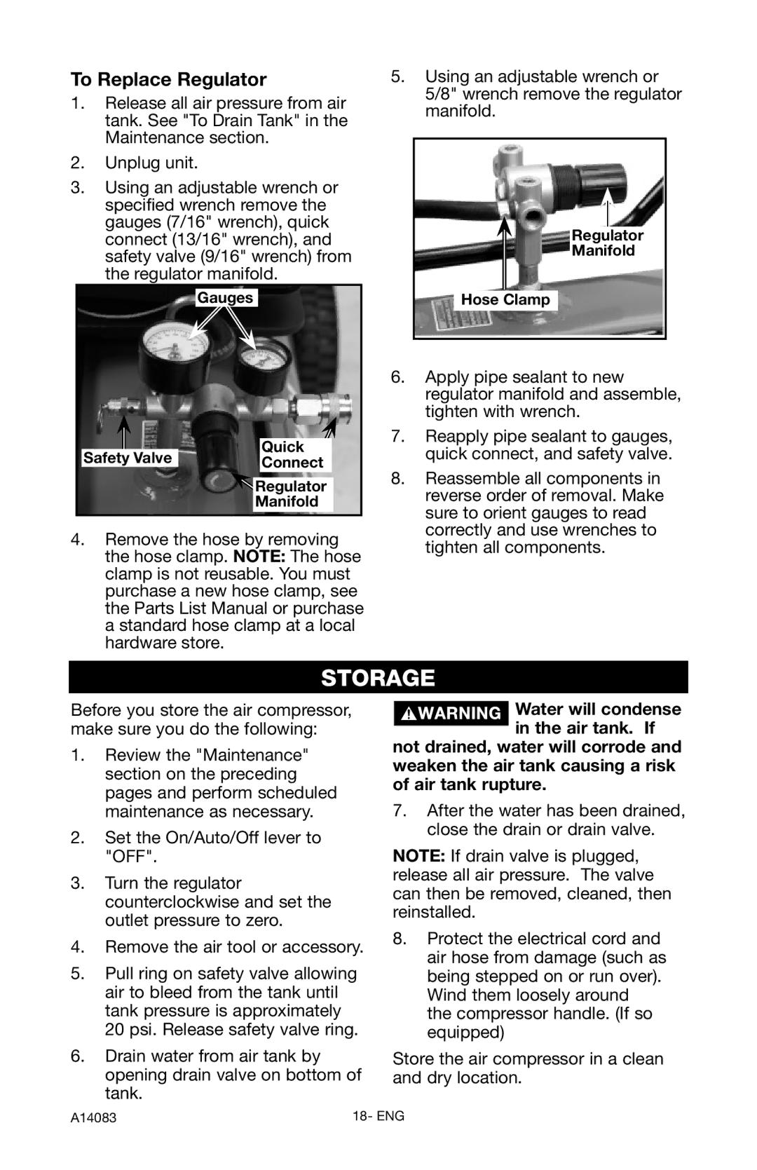 Craftsman 919.724123 owner manual Storage, To Replace Regulator, Gauges Quick, Regulator Manifold Hose Clamp 