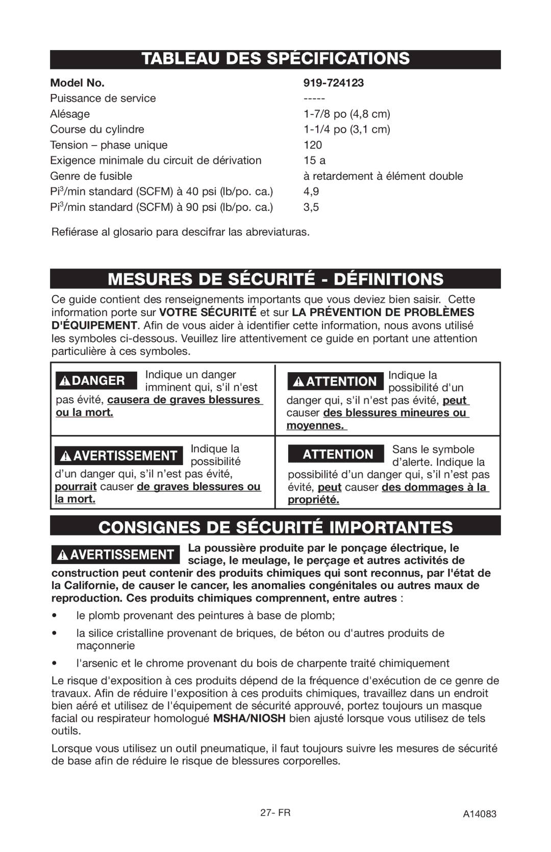 Craftsman 919.724123 Tableau DES Spécifications, Mesures DE Sécurité Définitions, Consignes DE Sécurité Importantes 